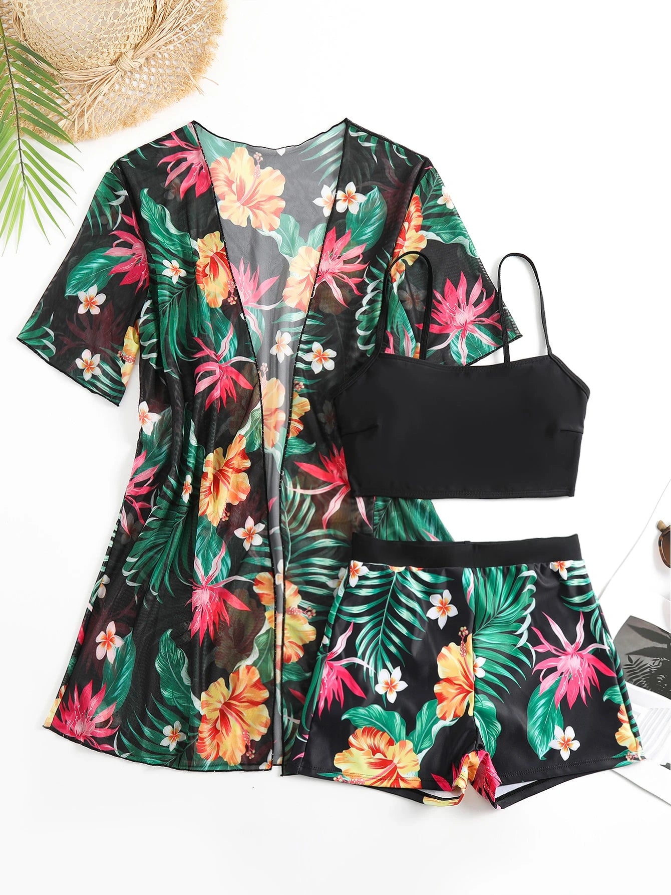 Swim Lushoire Tropical Print Bikini Set Wireless Cami Top & Boxer Shorts & Open