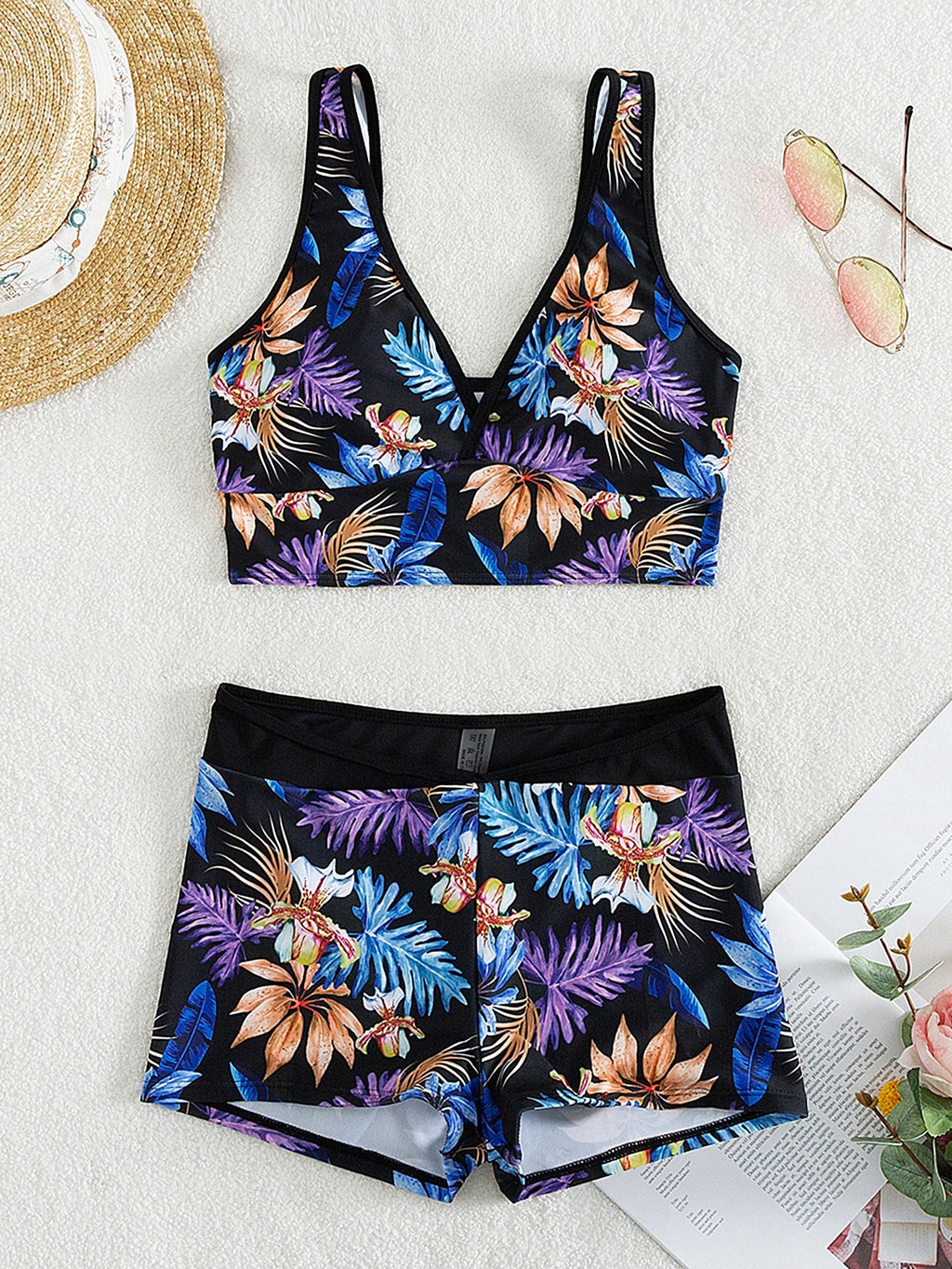 Swim Lushoire Summer Beach Tropical Print Tankini Set Wrap Tank Top & V-Waist Sh