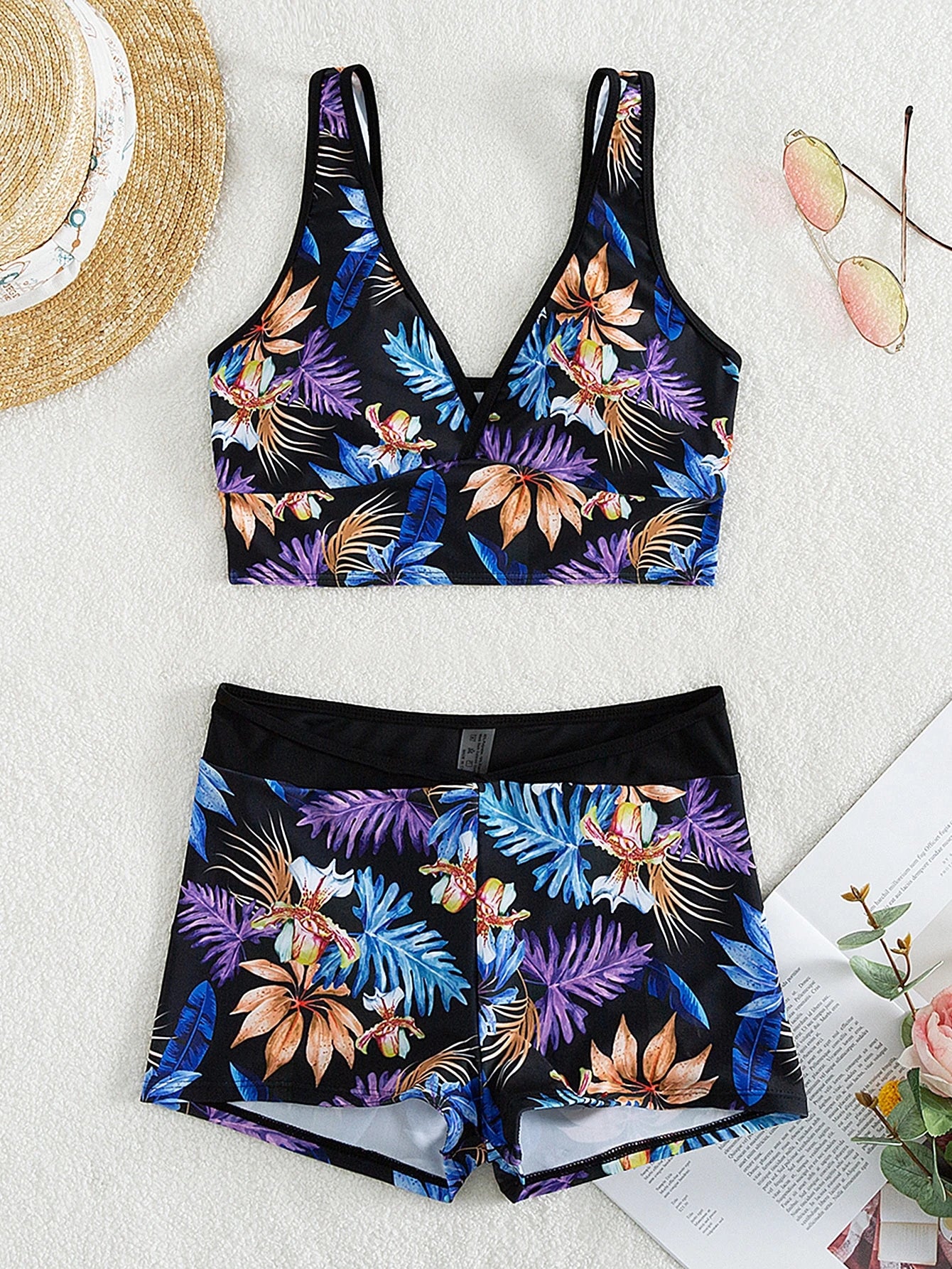 Swim Lushoire Summer Beach Tropical Print Tankini Set Wrap Tank Top & V-Waist Shorts 2 Piece Bathing Suit - image 4