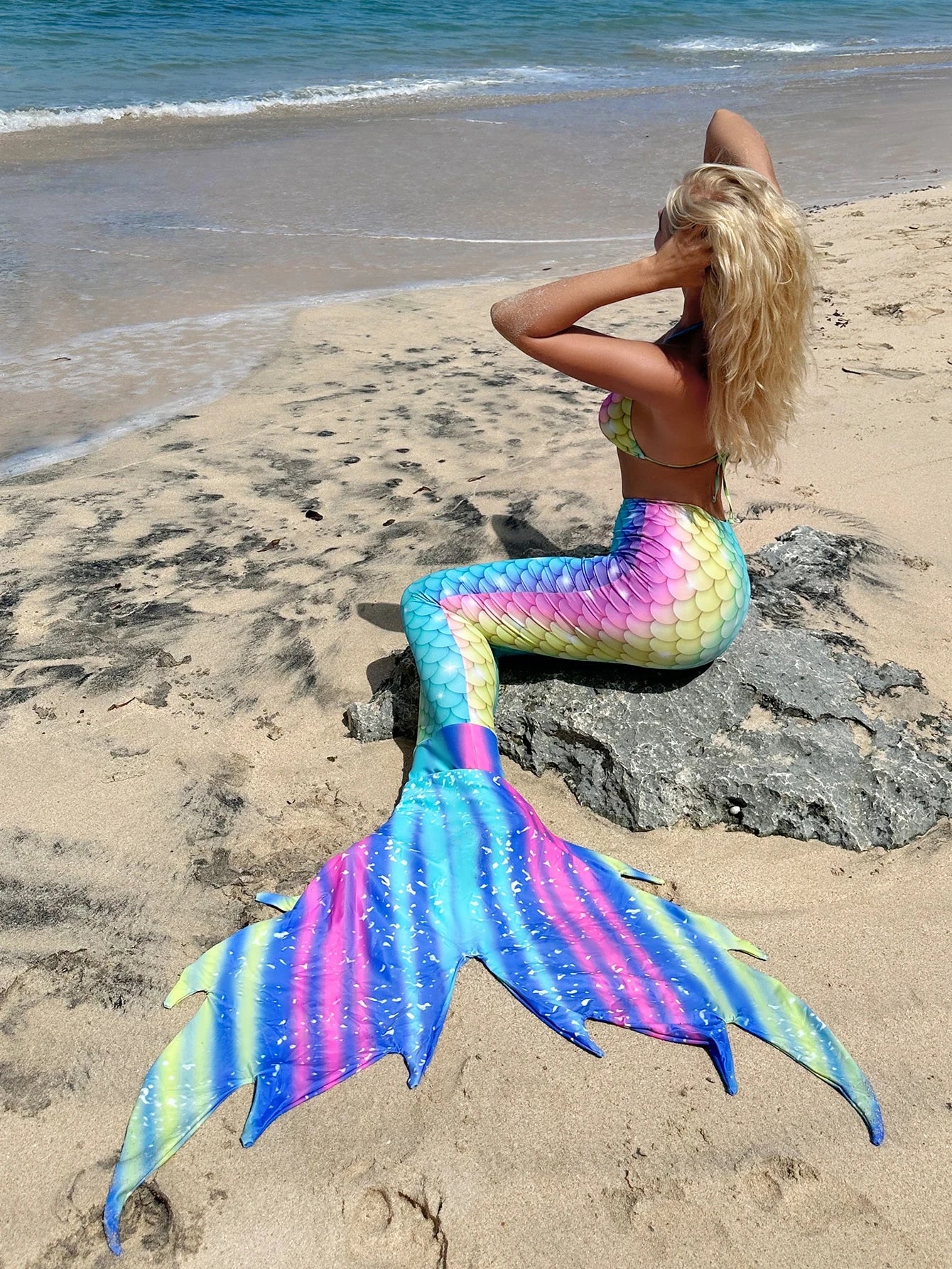 Swim Vcay Summer Beach Fish Scales Print Bikini Set Triangle Bra &