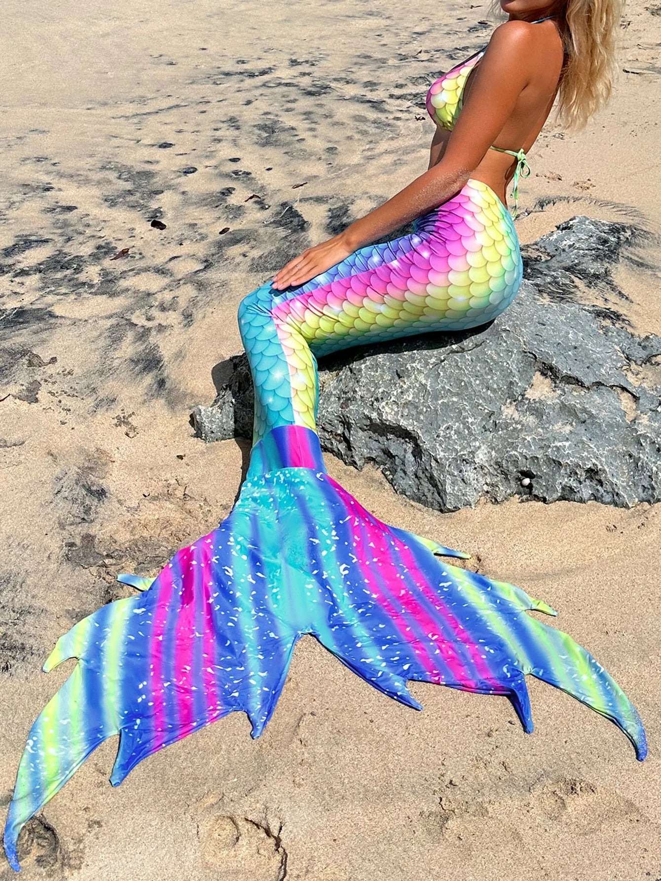 Swim Vcay Summer Beach Fish Scales Print Bikini Set Triangle Bra &