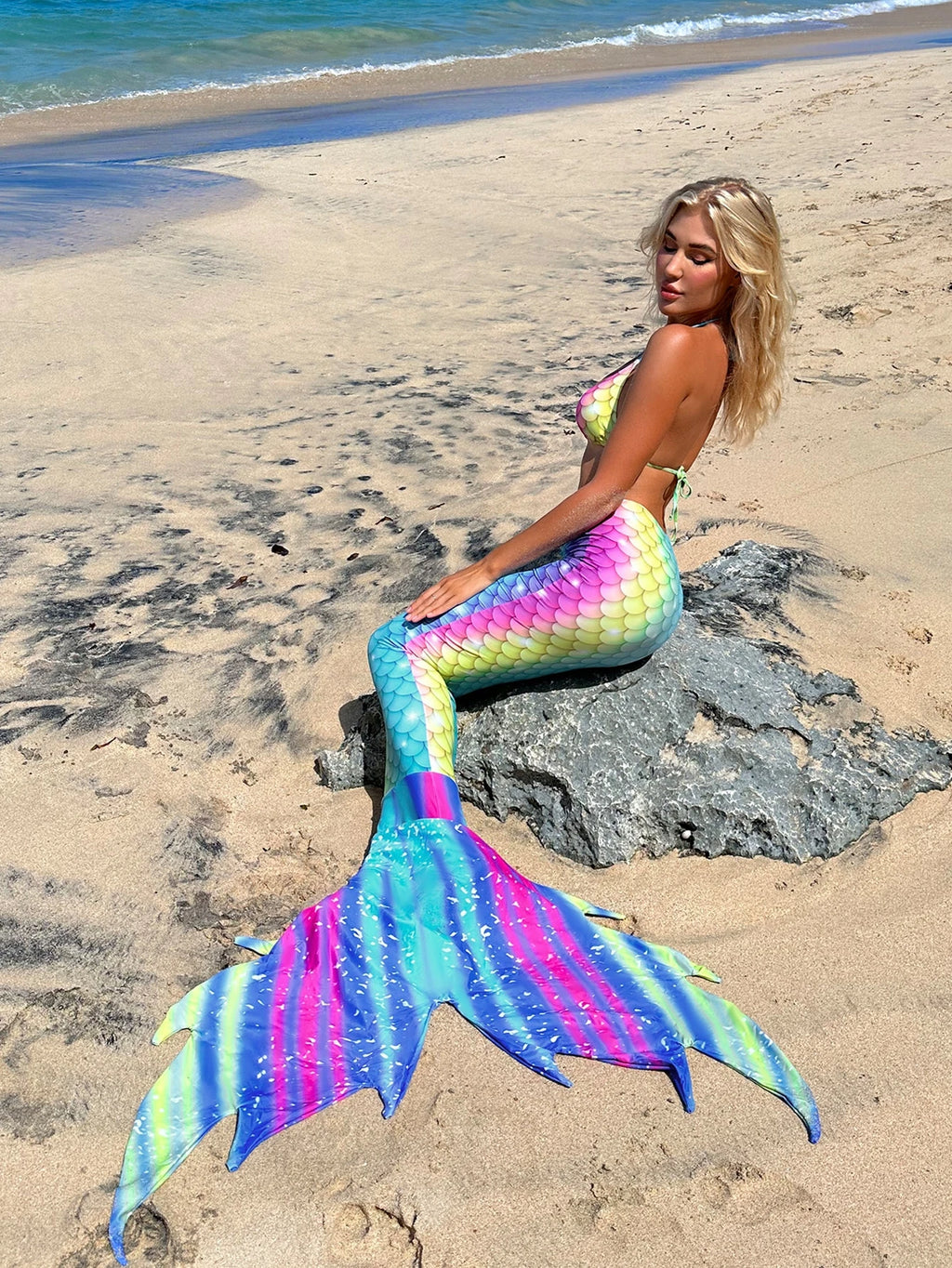 Swim Vcay Summer Beach Fish Scales Print Bikini Set Triangle Bra &