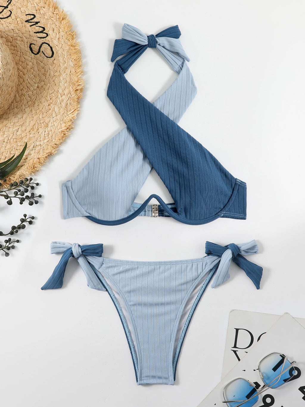 Swim Mod Summer Beach Two Tone Bikini Set Crisscross Cut Out