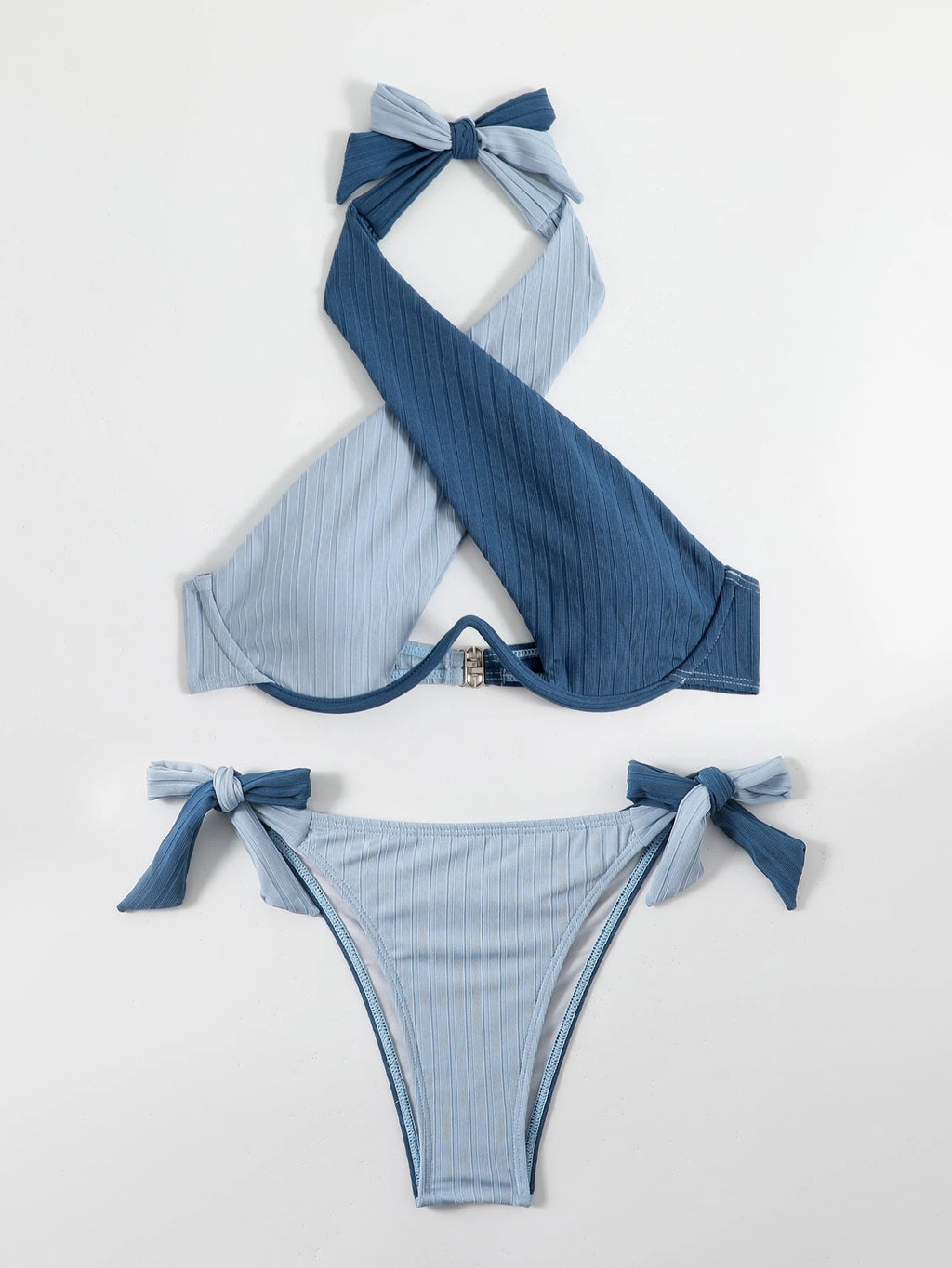 Swim Mod Summer Beach Two Tone Bikini Set Crisscross Cut Out
