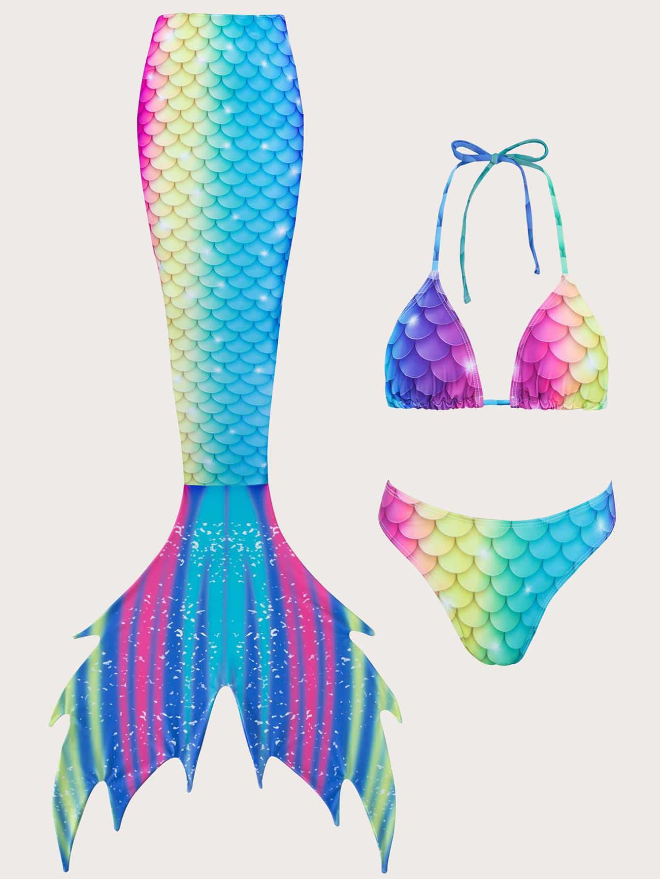 Swim Vcay Summer Beach Fish Scales Print Bikini Set Triangle Bra &