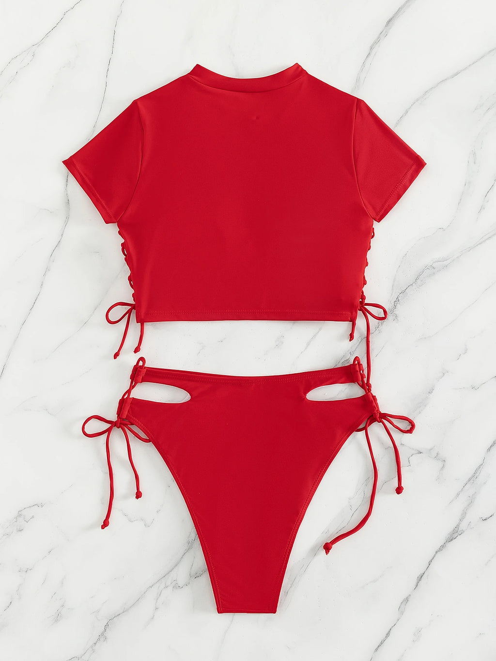 Swim Summer Beach Solid Bikini Set Short Sleeve Tee & Cut Out Tie Side Bottom 2