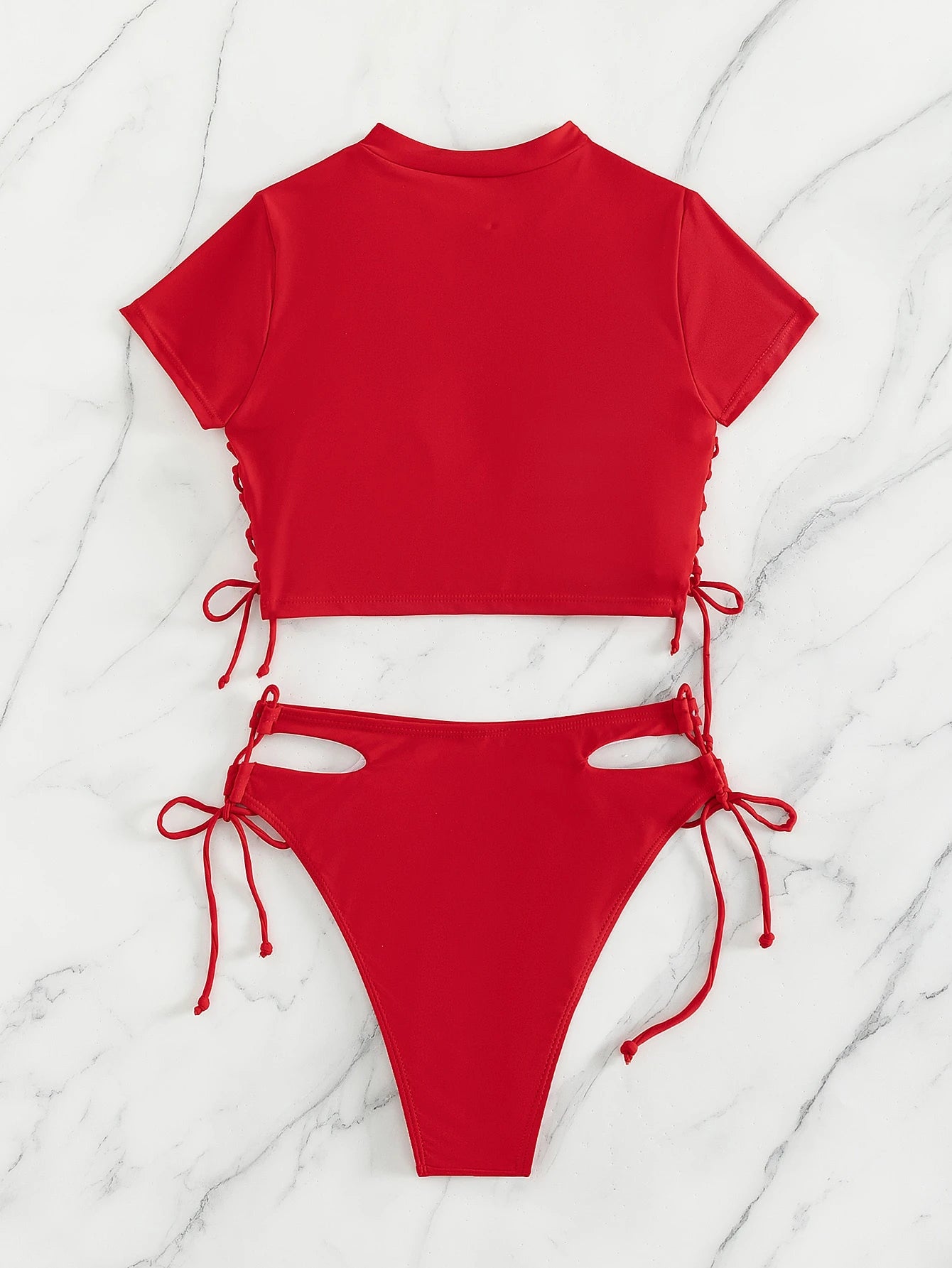 Swim Summer Beach Solid Bikini Set Short Sleeve Tee & Cut Out Tie Side Bottom 2