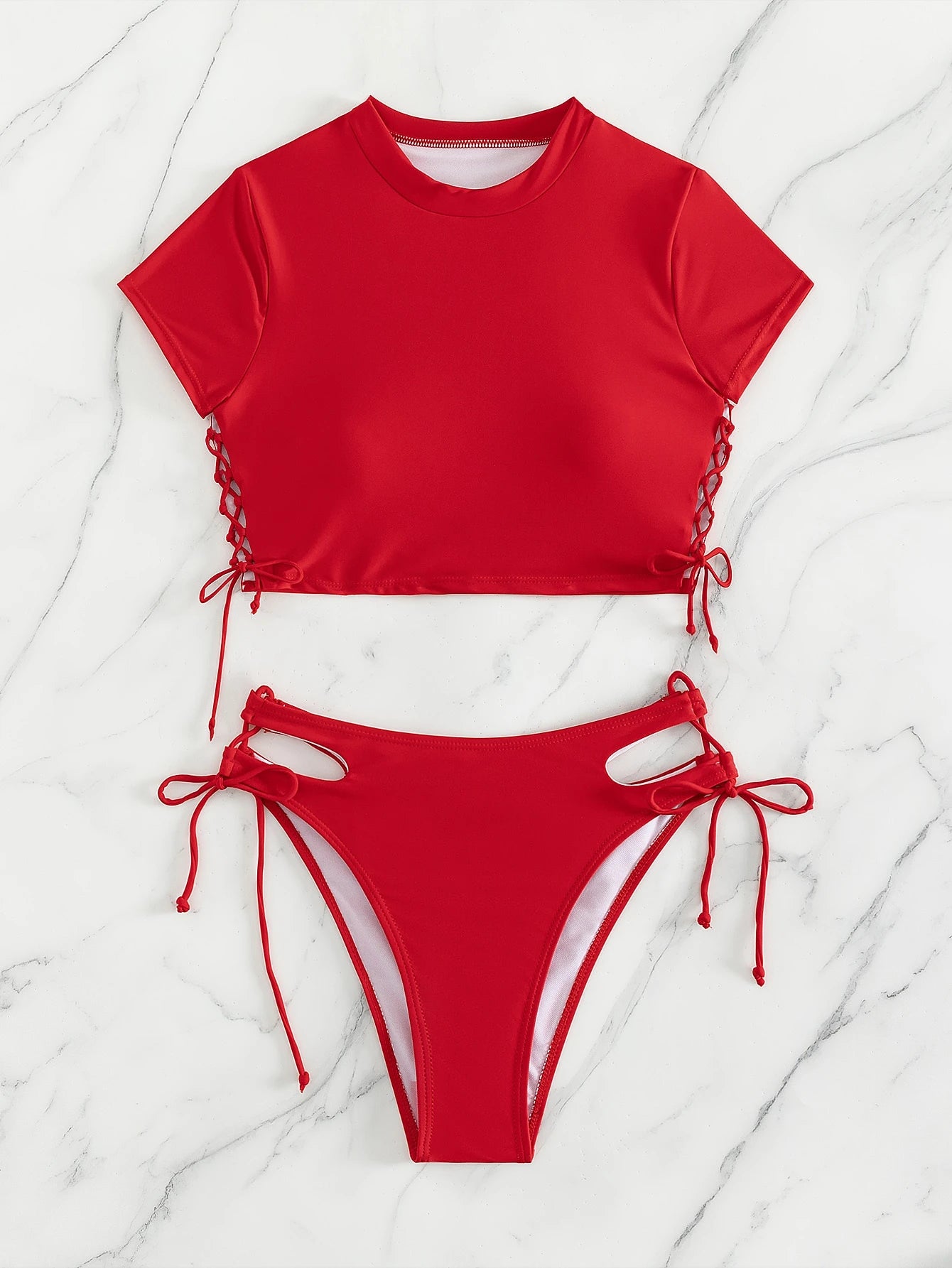 Swim Summer Beach Solid Bikini Set Short Sleeve Tee & Cut Out Tie Side Bottom 2