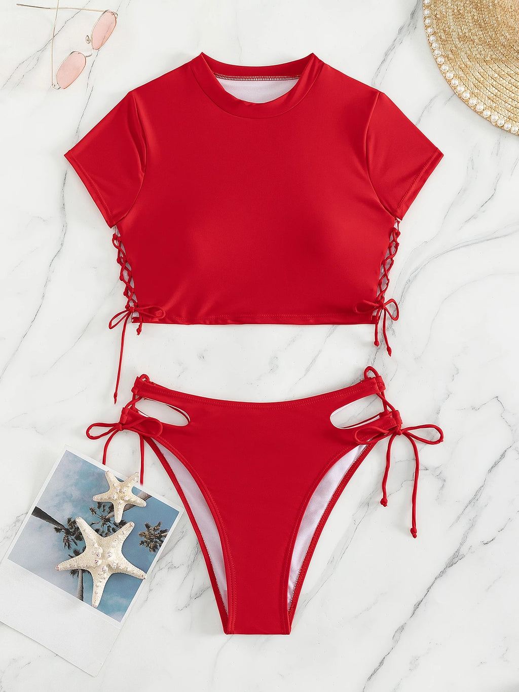 Swim Summer Beach Solid Bikini Set Short Sleeve Tee & Cut Out Tie Side Bottom 2
