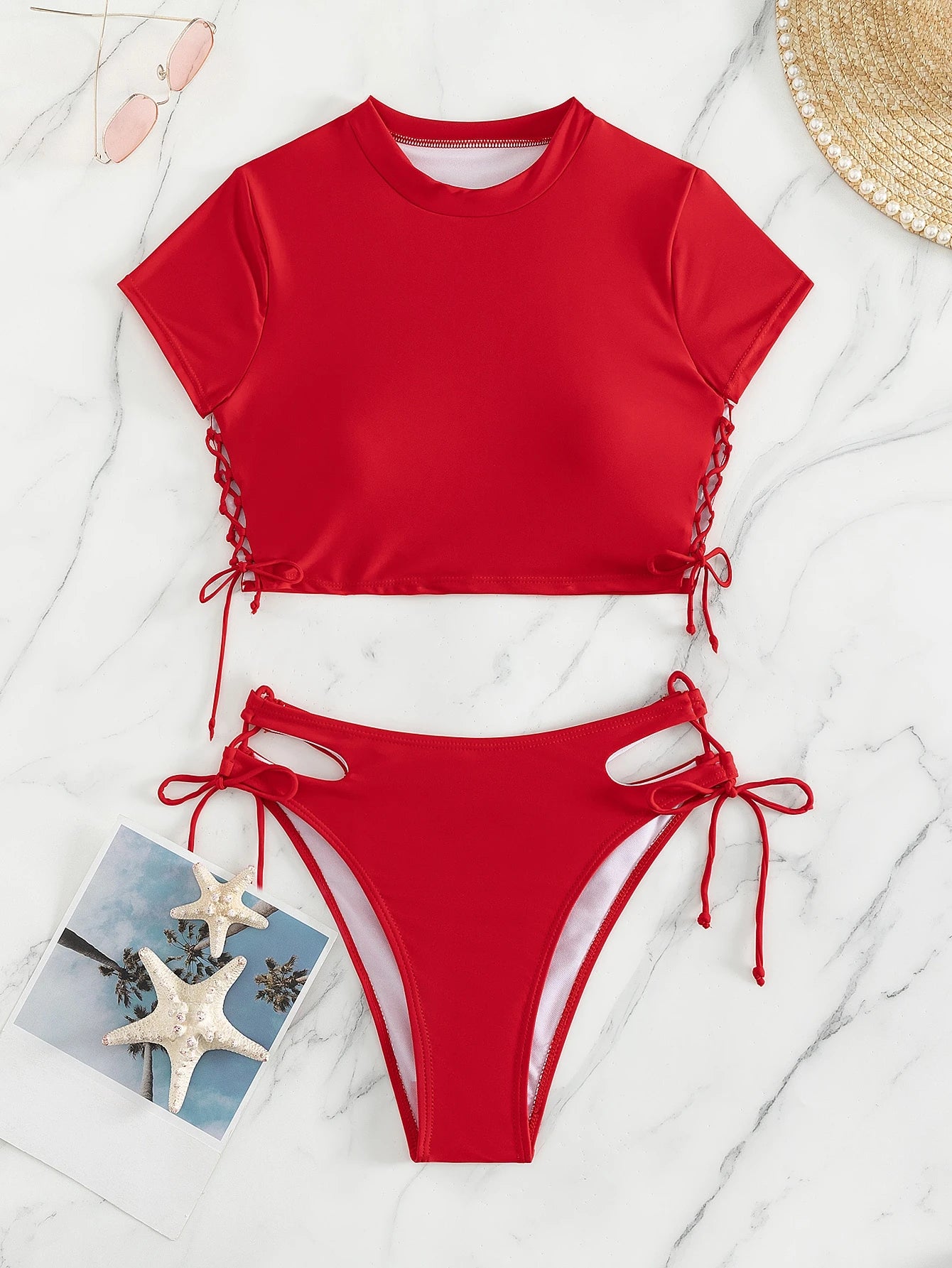 Swim Summer Beach Solid Bikini Set Short Sleeve Tee & Cut Out Tie Side Bottom 2