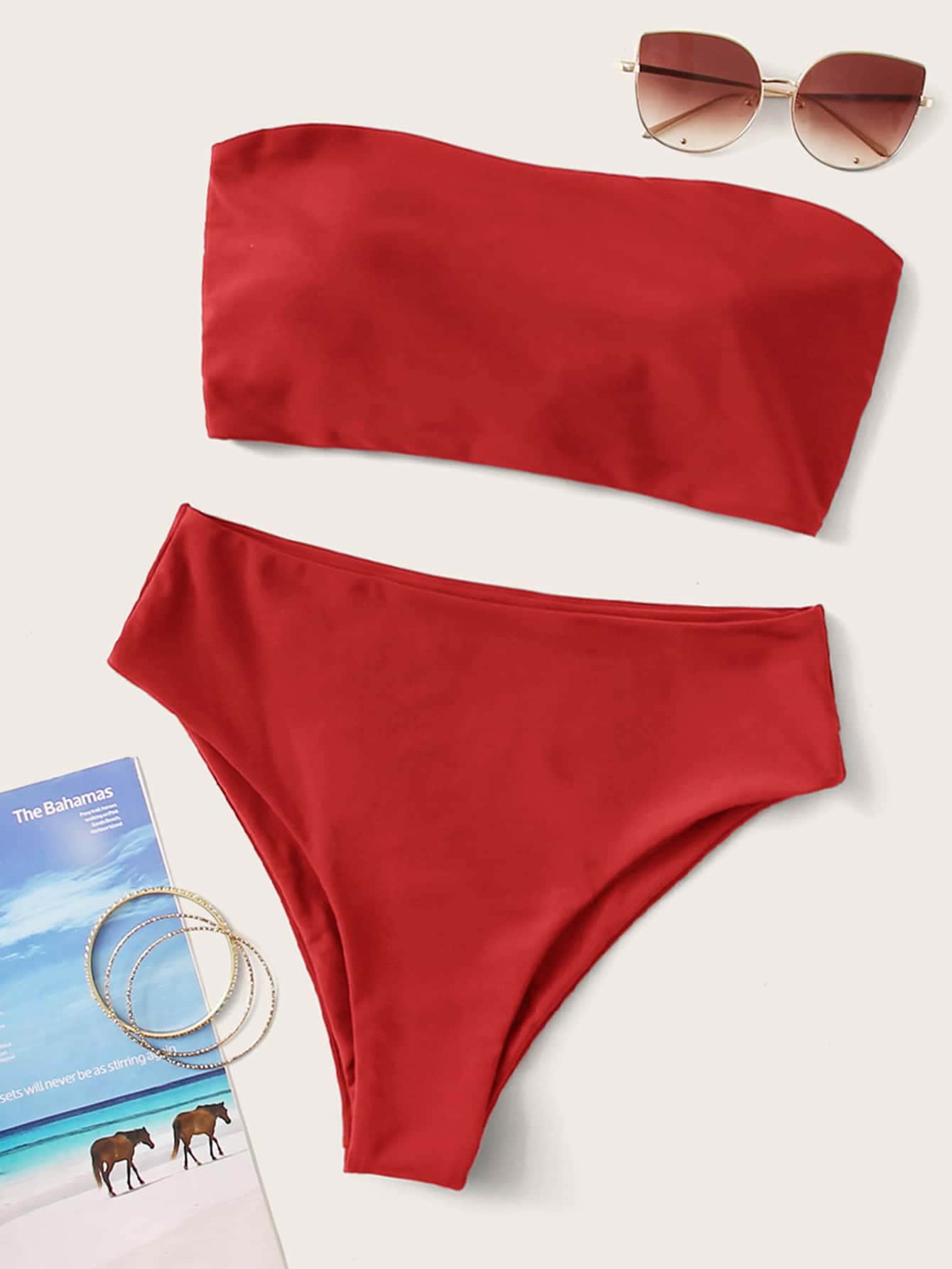 Summer Beach Vacation Solid Reversible Strapless Neon Bikini Set