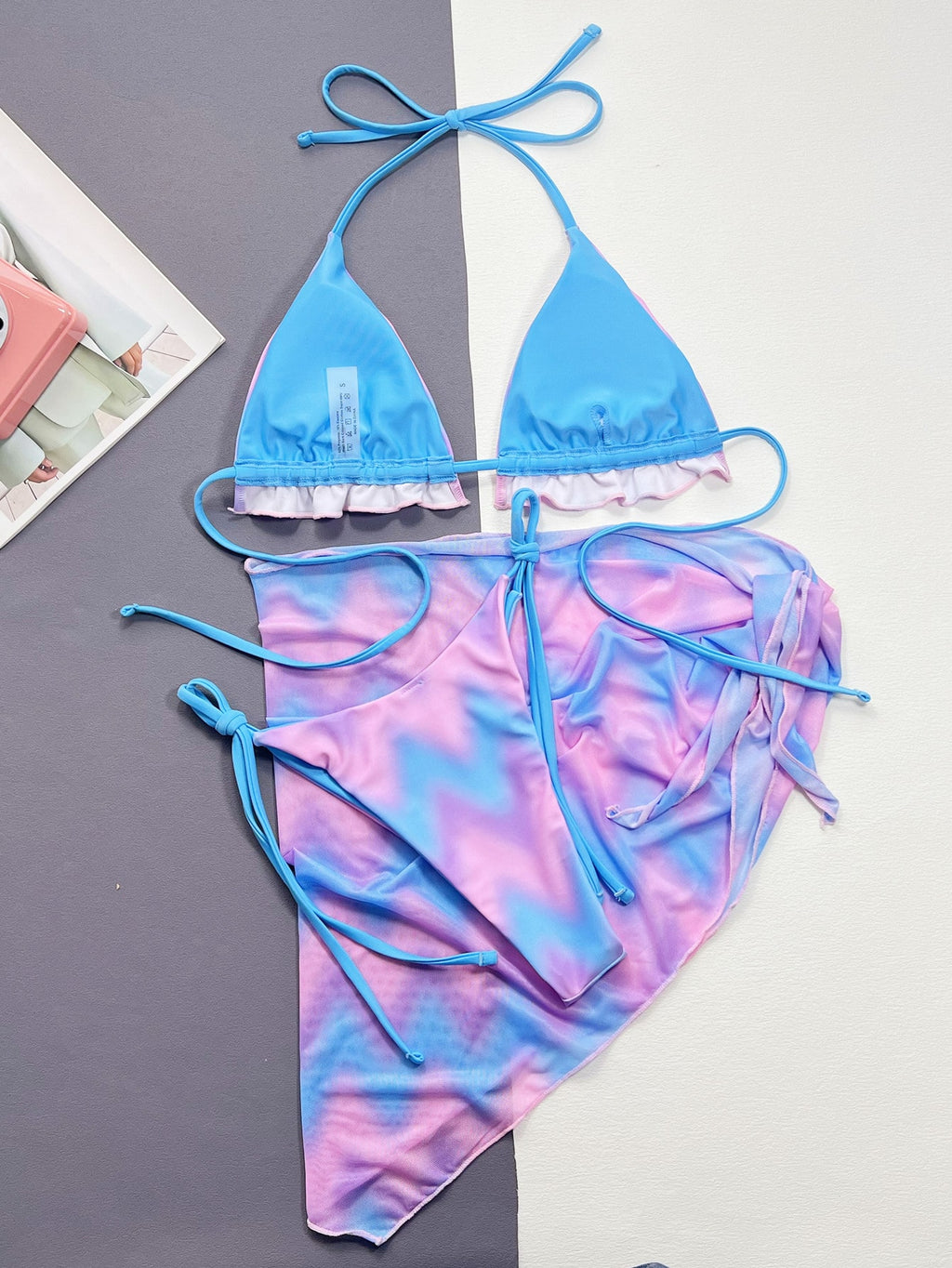 Swim SXY Summer Beach Tie Dye Bikini Set Frill Trim Halter Triangle Bra & Thong Bottom & Beach Skirt 3 Piece - image 7