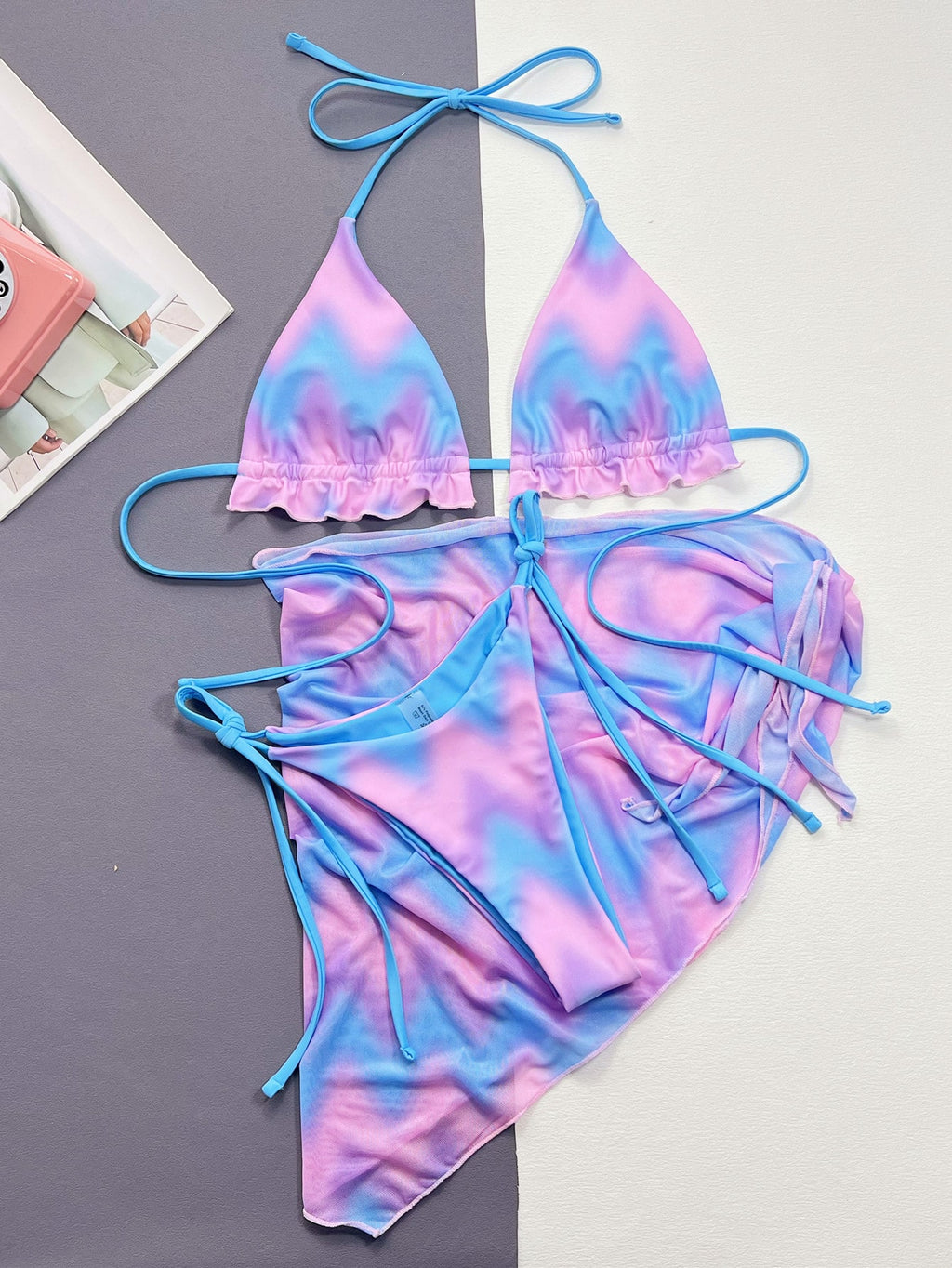 Swim SXY Summer Beach Tie Dye Bikini Set Frill Trim Halter Triangle Bra & Thong Bottom & Beach Skirt 3 Piece - image 8
