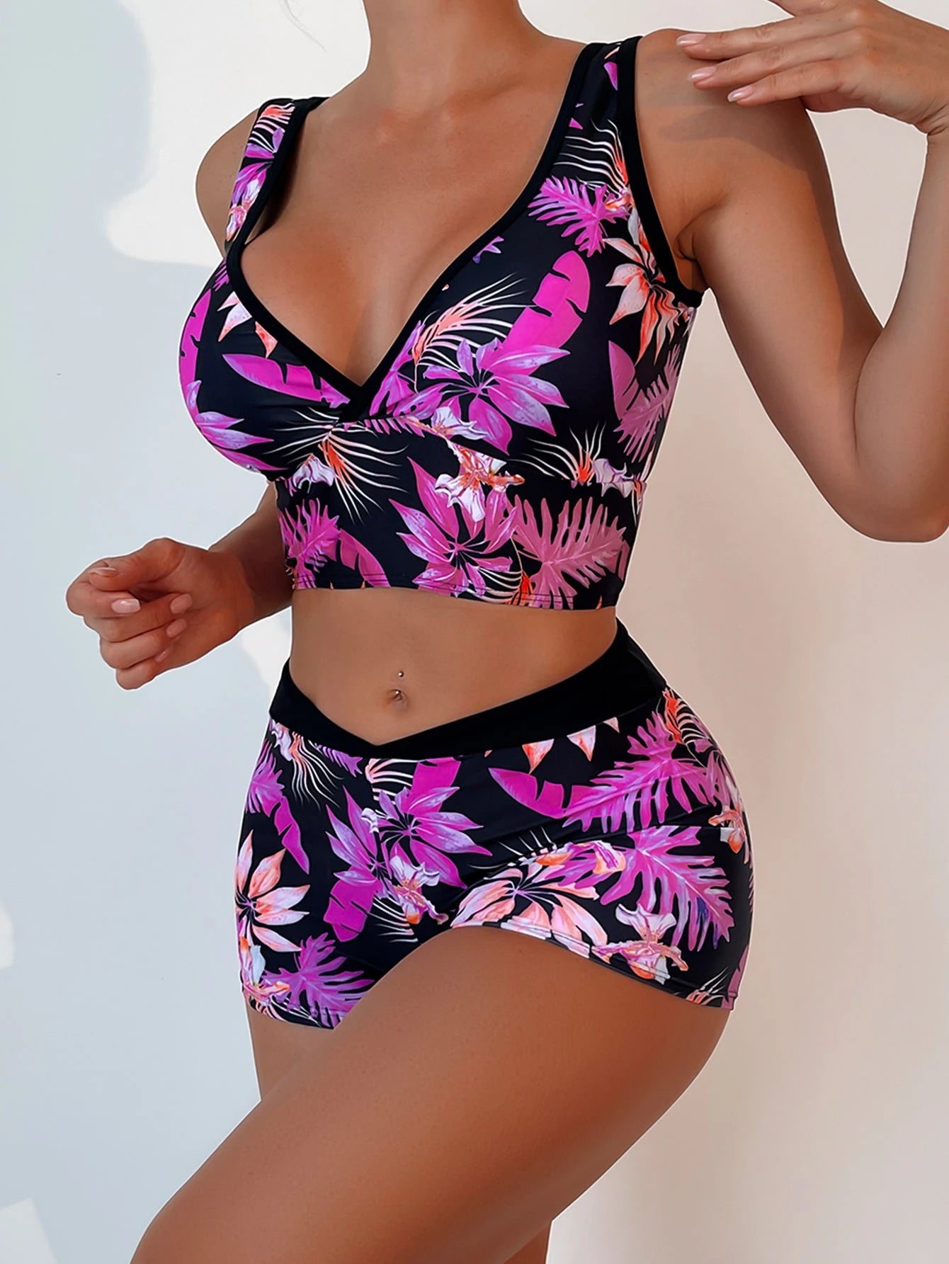 Swim Lushoire Summer Beach Tropical Print Tankini Set Wrap Tank Top & V-Waist Shorts 2 Piece Bathing Suit - image 9