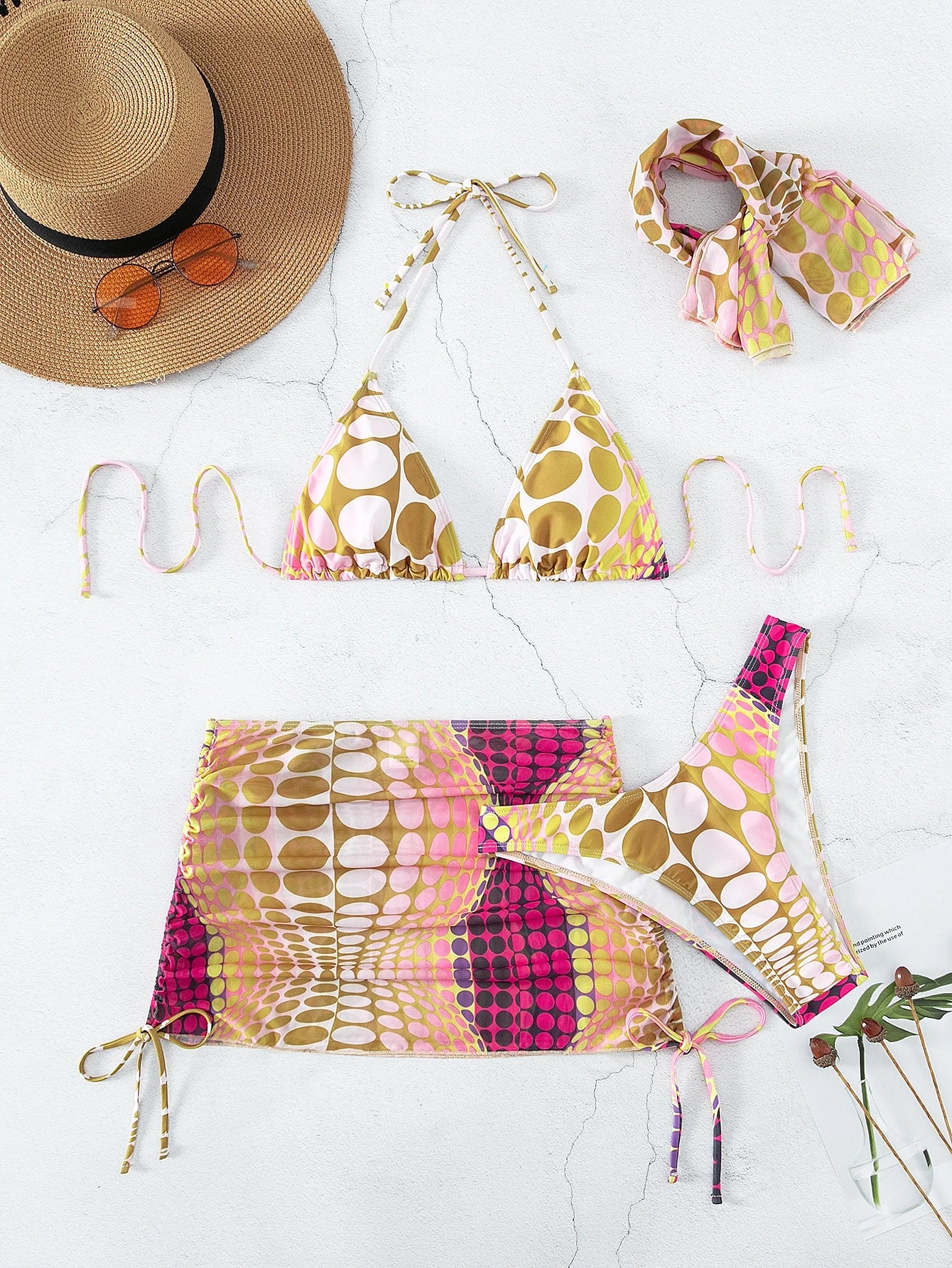 Swim SXY Summer Beach Digital Polka Dot Bikini Set Halter Triangle Bra & High Cut Bikini Bottom & Skirt & - image 5