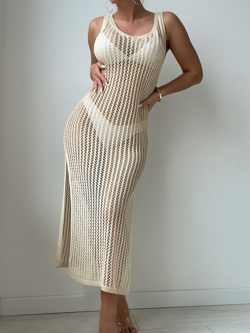 Swim Summer Beach Hollow Out Split Thigh Cover Up Dress Without Bikini Set Semi-Sheer Dress