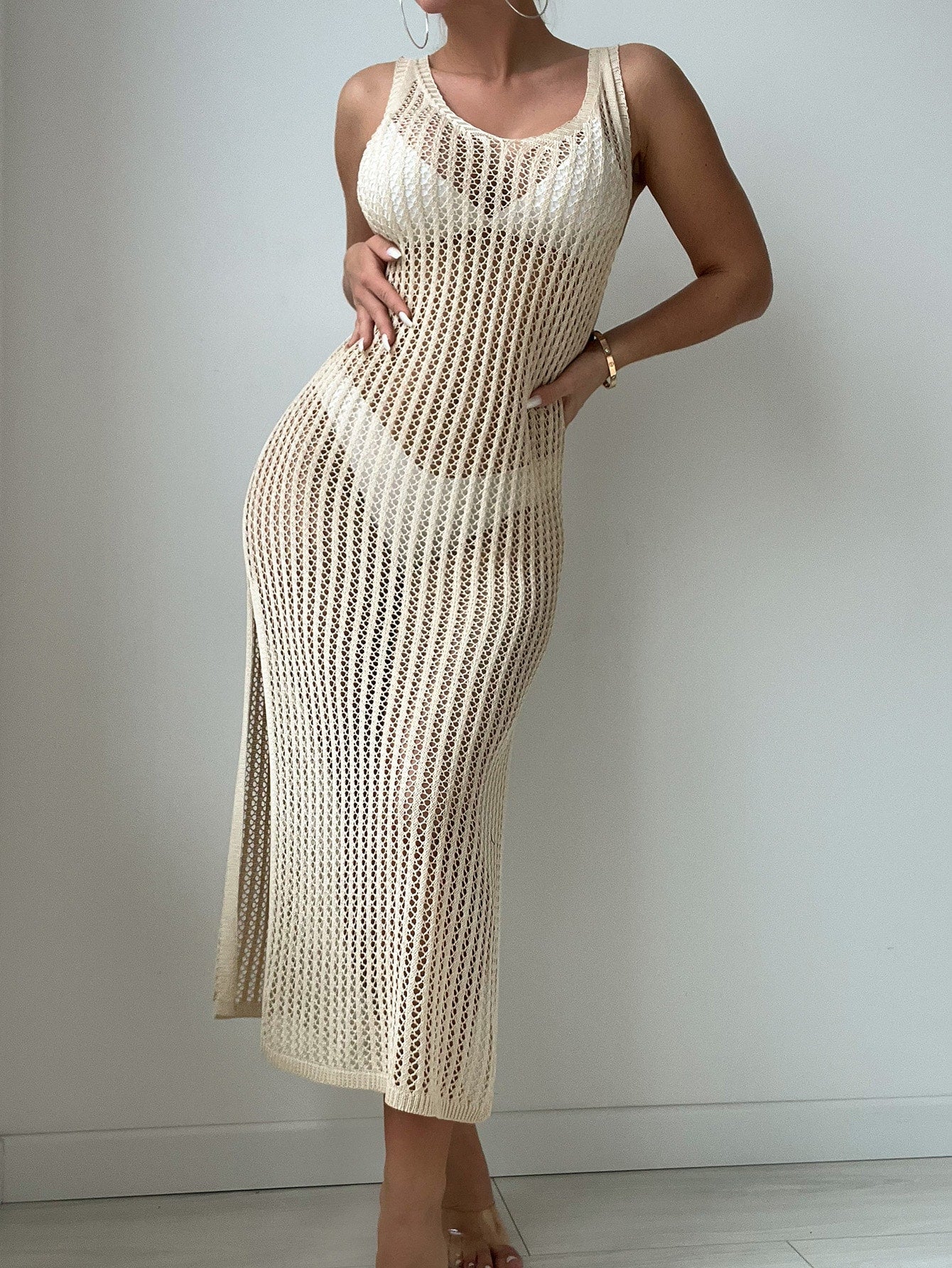 Swim Summer Beach Hollow Out Split Thigh Cover Up Dress Without Bikini Set Semi-Sheer Dress