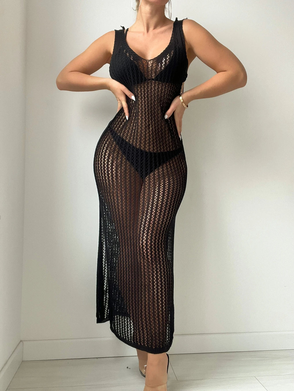 Swim Summer Beach Hollow Out Split Thigh Cover Up Dress Without Bikini Set Semi-Sheer Dress - image 13