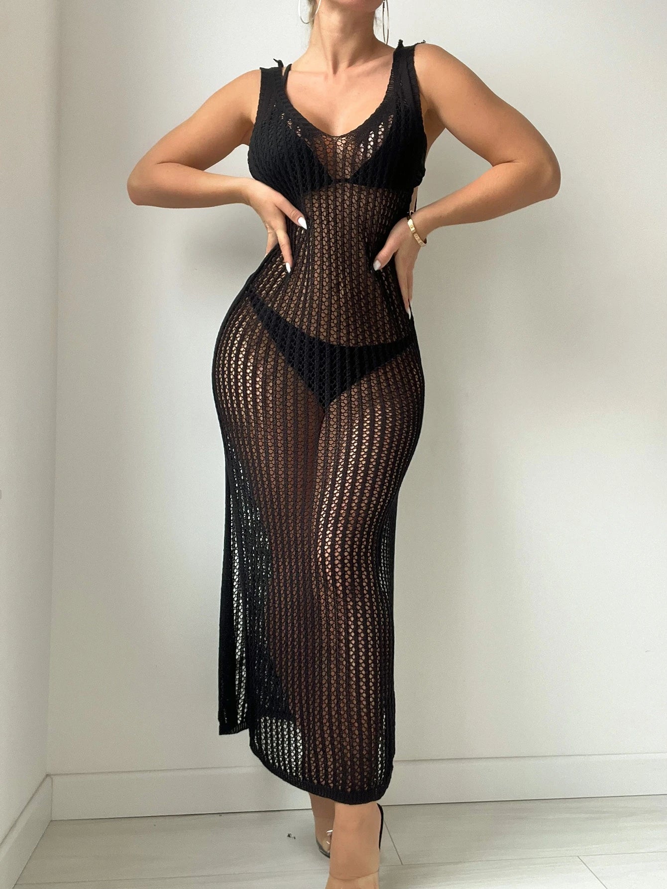 Swim Summer Beach Hollow Out Split Thigh Cover Up Dress Without Bikini Set Semi-Sheer Dress - image 13