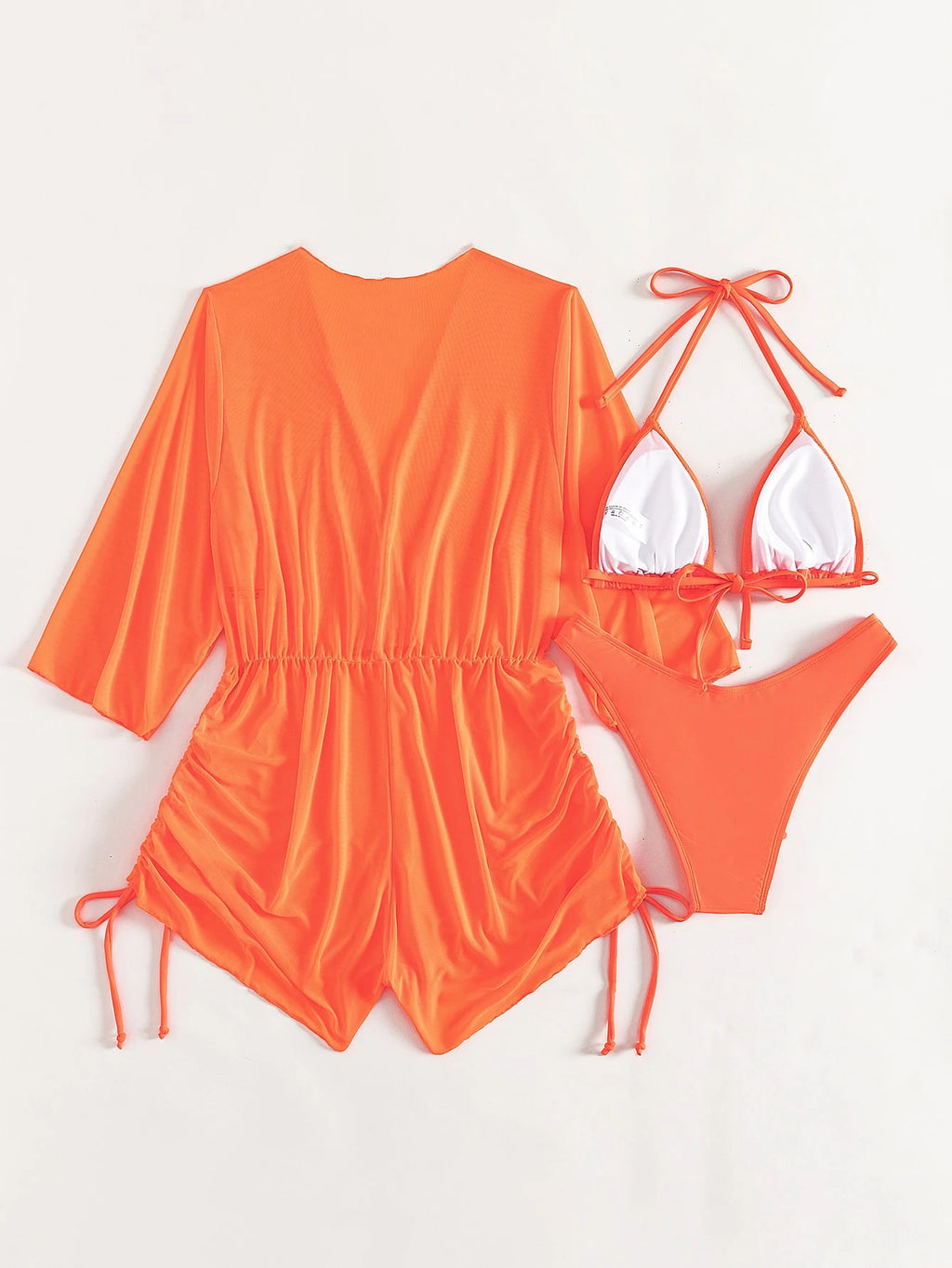 Swim Lushoire Women's Summer New Solid Color 3 Pieces Set Halter Bikini Low-Waist Triangle Panty Mesh Romper - image 12
