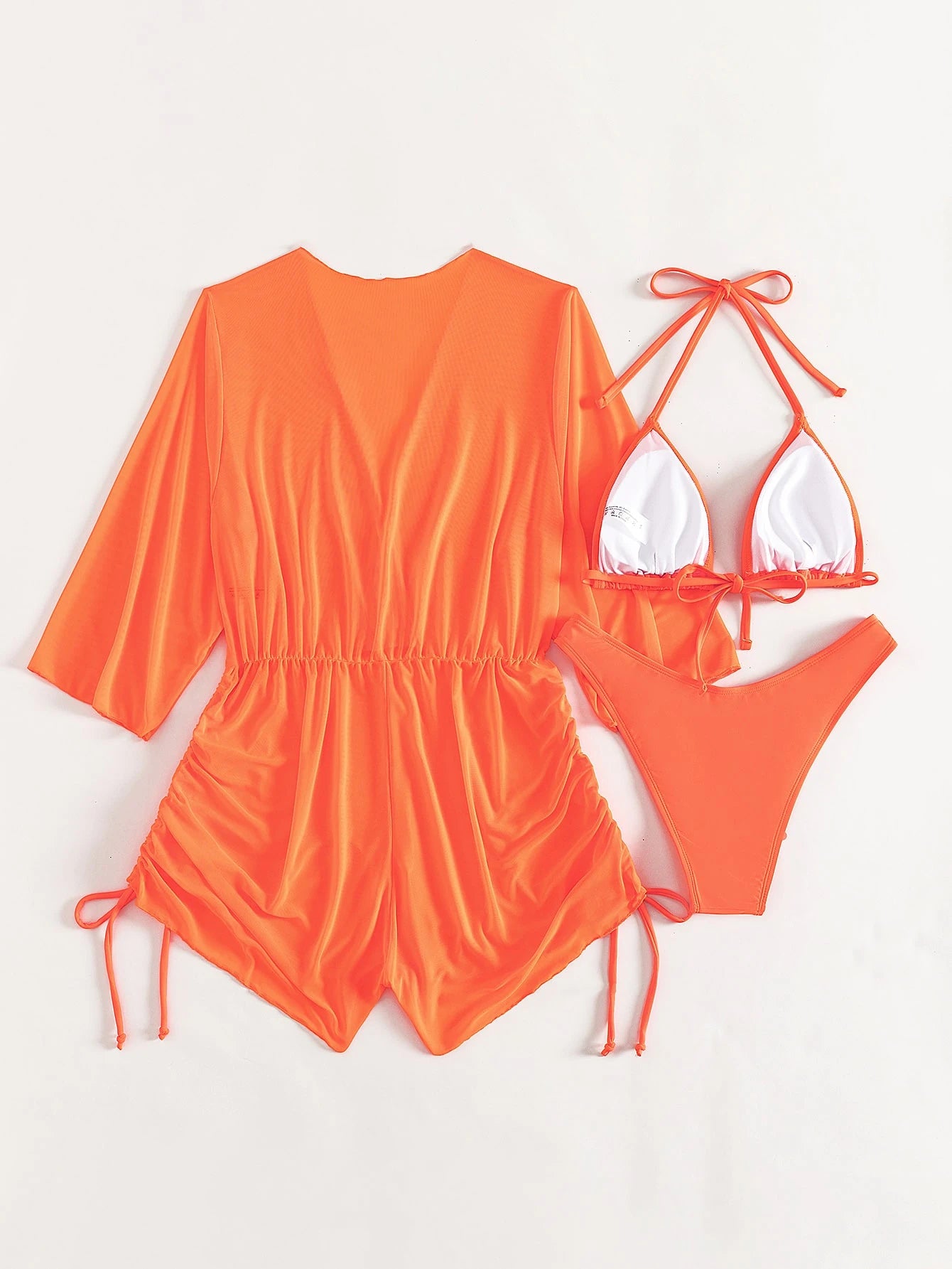 Swim Lushoire Women's Summer New Solid Color 3 Pieces Set Halter Bikini Low-Waist Triangle Panty Mesh Romper - image 12
