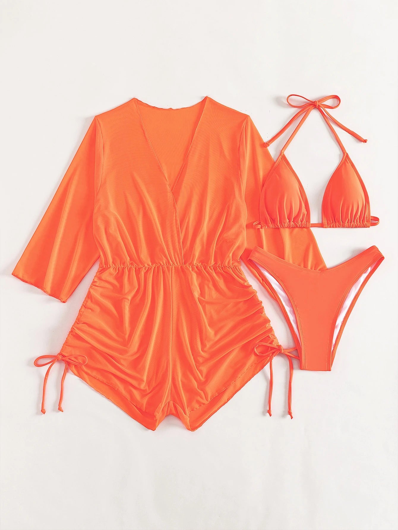Swim Lushoire Women's Summer New Solid Color 3 Pieces Set Halter Bikini Low-Waist Triangle Panty Mesh Romper - image 15