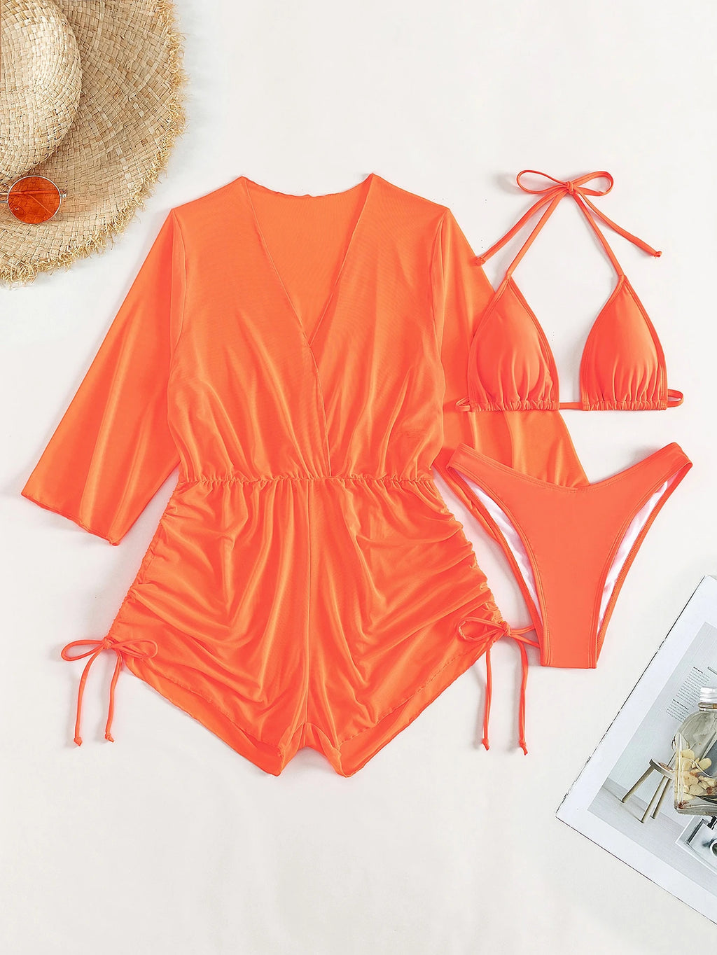Swim Lushoire Women's Summer New Solid Color 3 Pieces Set Halter Bikini Low-Waist Triangle Panty Mesh Romper - image 16