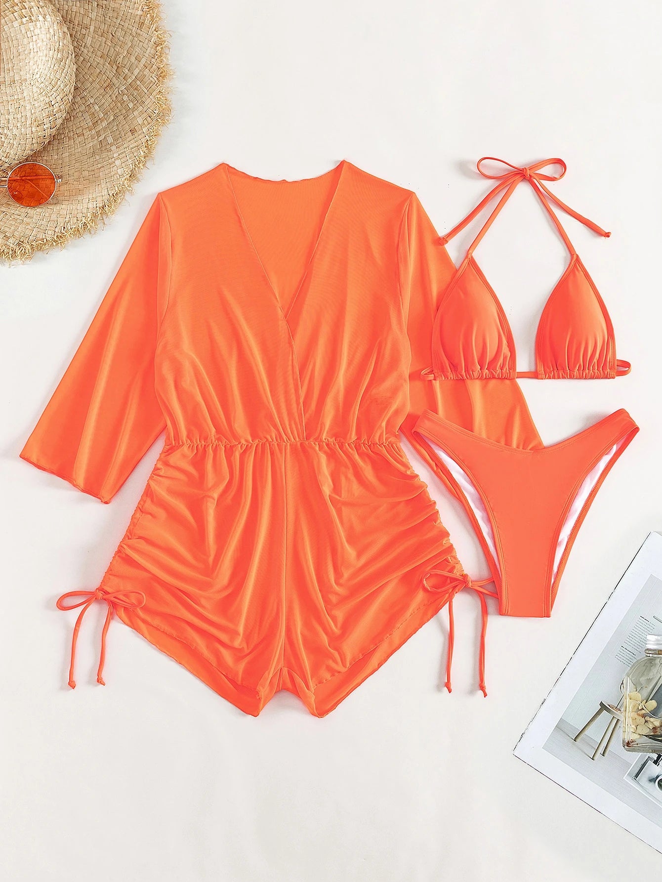 Swim Lushoire Women's Summer New Solid Color 3 Pieces Set Halter Bikini Low-Waist Triangle Panty Mesh Romper - image 16