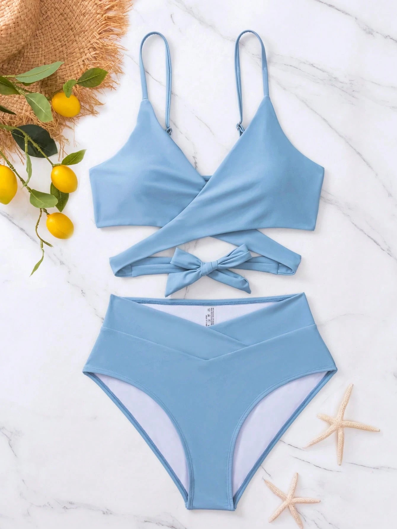 Swim Vcay Summer Beach Solid Bikini Set Crisscross Tie Back Bra &