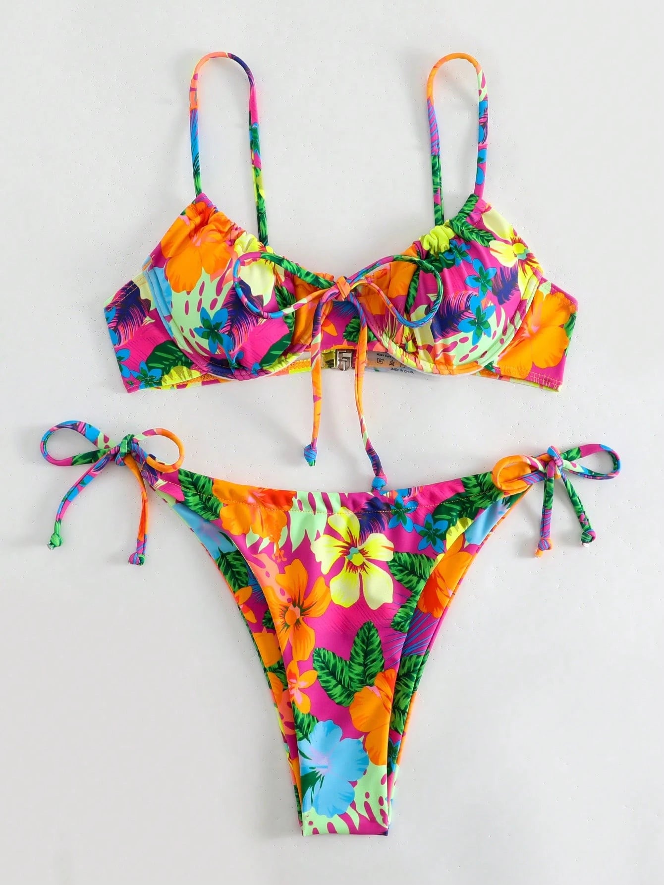 Swim Summer Beach Tropical Print Underwire Tie Side Bikini Set