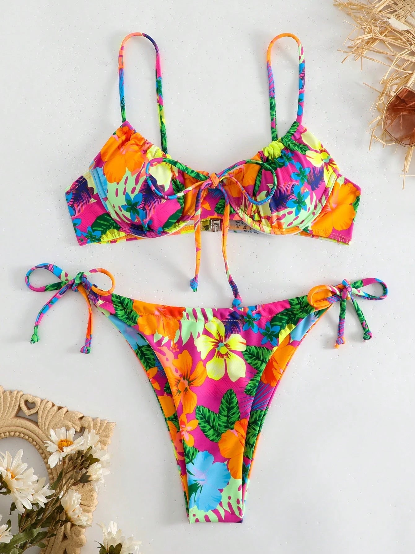 Swim Summer Beach Tropical Print Underwire Tie Side Bikini Set