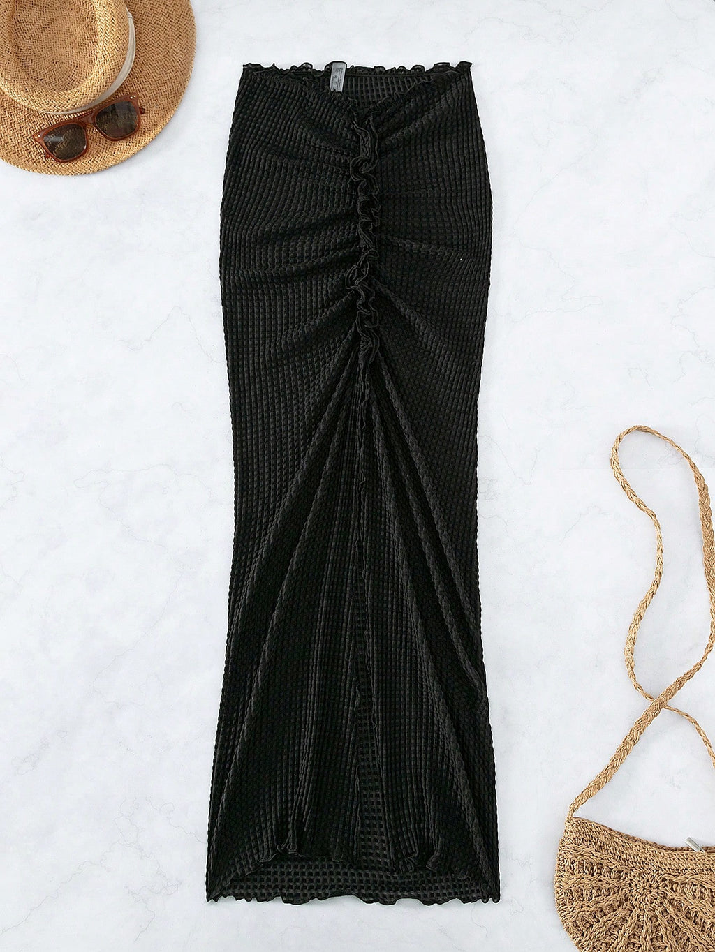 Swim Vcay Summer Beach Ruched Lettuce Trim Split Thigh Cover Up Skirt - image 3