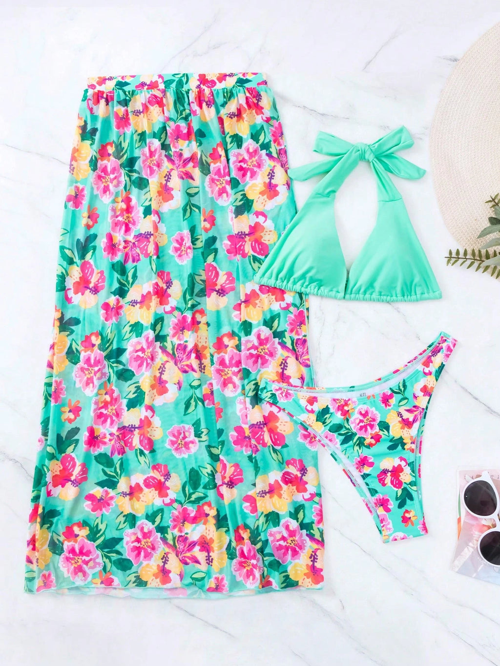 Swim Vcay Swim Suits For Women Summer Beach Floral Print Halter Triangle Bikini Set With Beach Skirt - image 5
