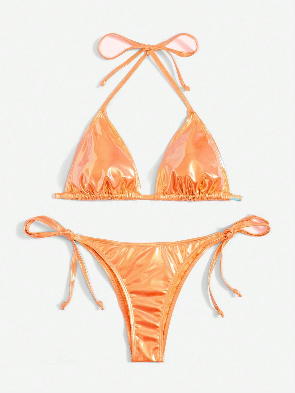 Swim Vcay Summer Beach Metallic Halter Triangle Tie Side Bikini Set