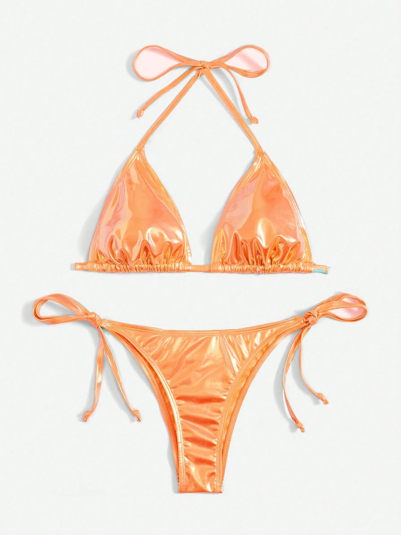 Swim Vcay Summer Beach Metallic Halter Triangle Tie Side Bikini Set