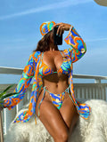 BamGleam Summer Beach Allover Print Halter Triangle Bikini Set With Kimono