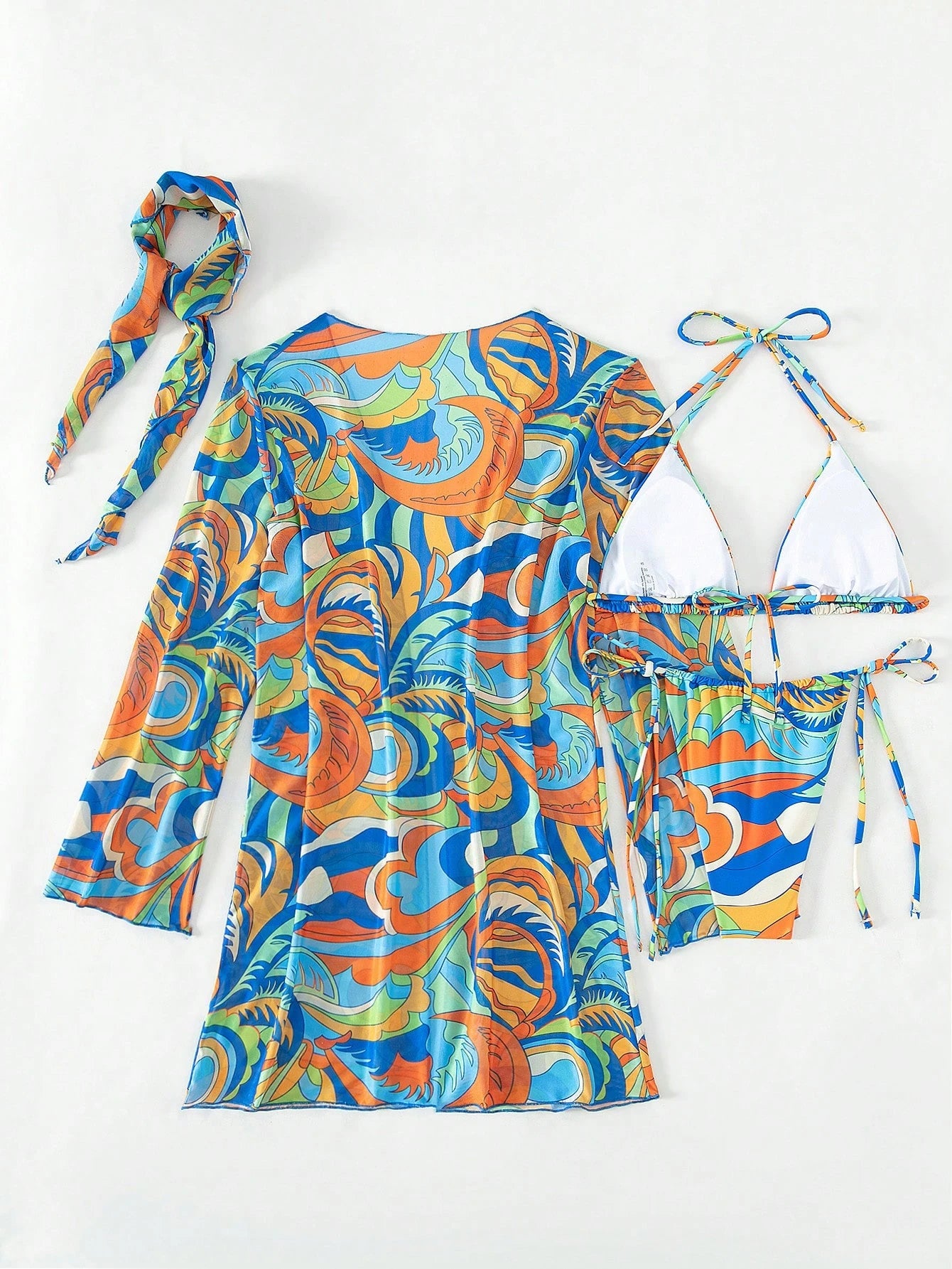 BamGleam Summer Beach Allover Print Halter Triangle Bikini Set With Kimono