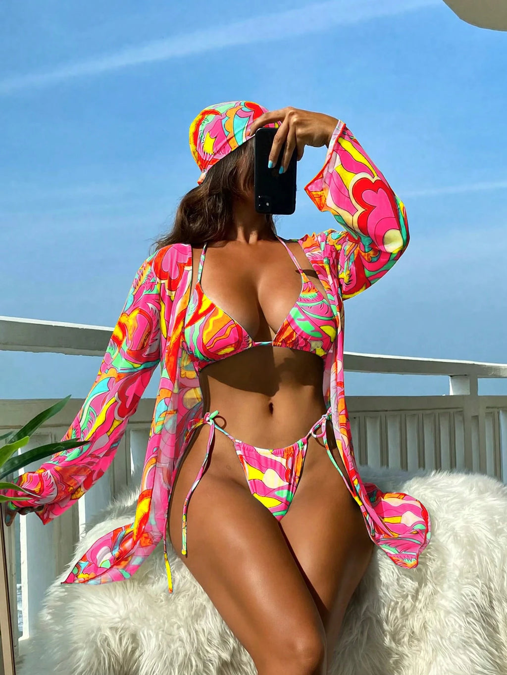 BamGleam Summer Beach Allover Print Halter Triangle Bikini Set With Kimono