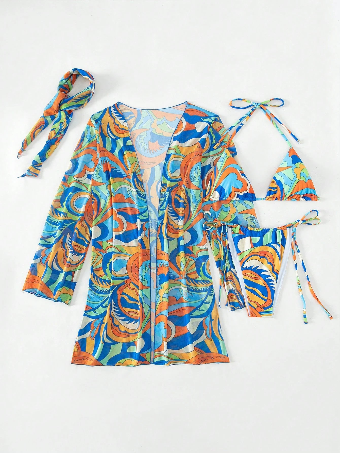 BamGleam Summer Beach Allover Print Halter Triangle Bikini Set With Kimono