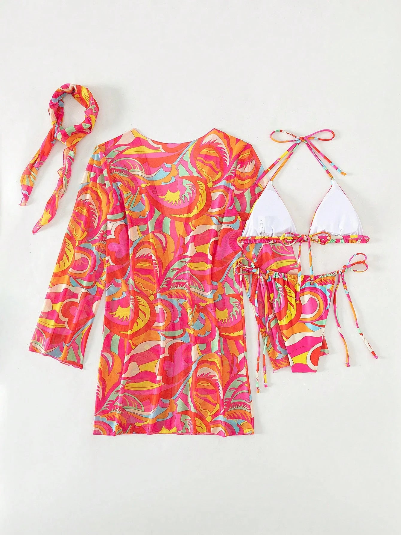 BamGleam Summer Beach Allover Print Halter Triangle Bikini Set With Kimono