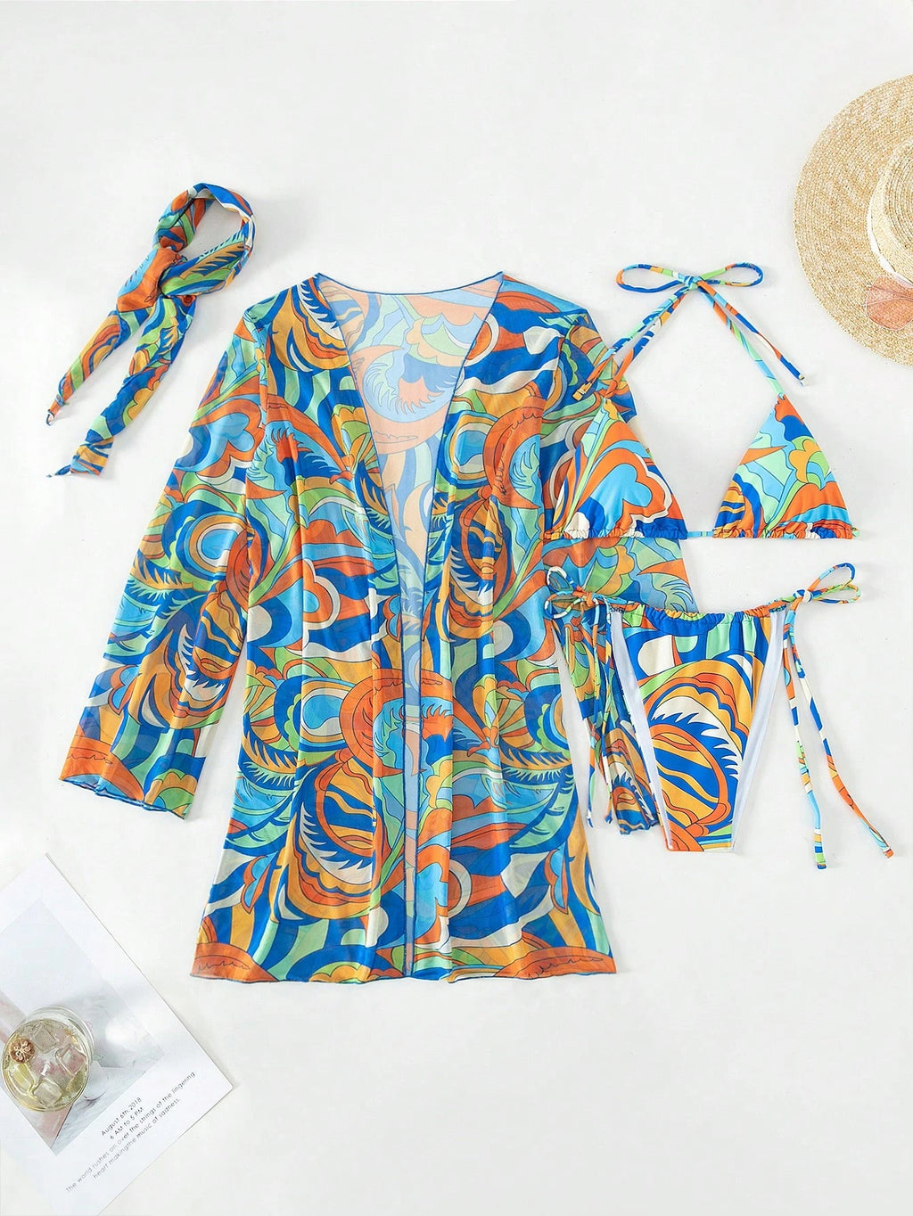 BamGleam Summer Beach Allover Print Halter Triangle Bikini Set With Kimono