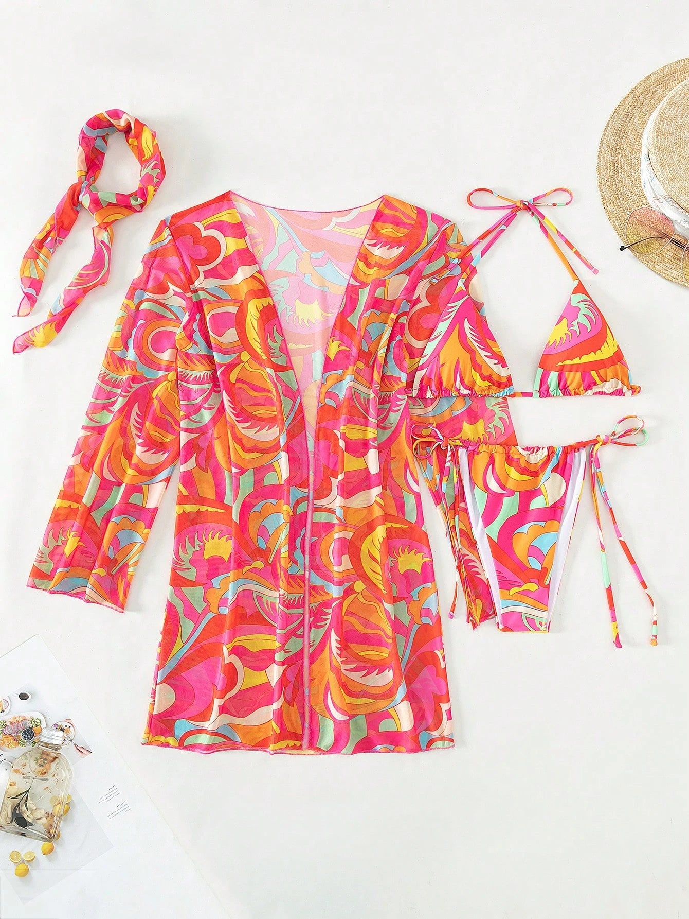 BamGleam Summer Beach Allover Print Halter Triangle Bikini Set With Kimono