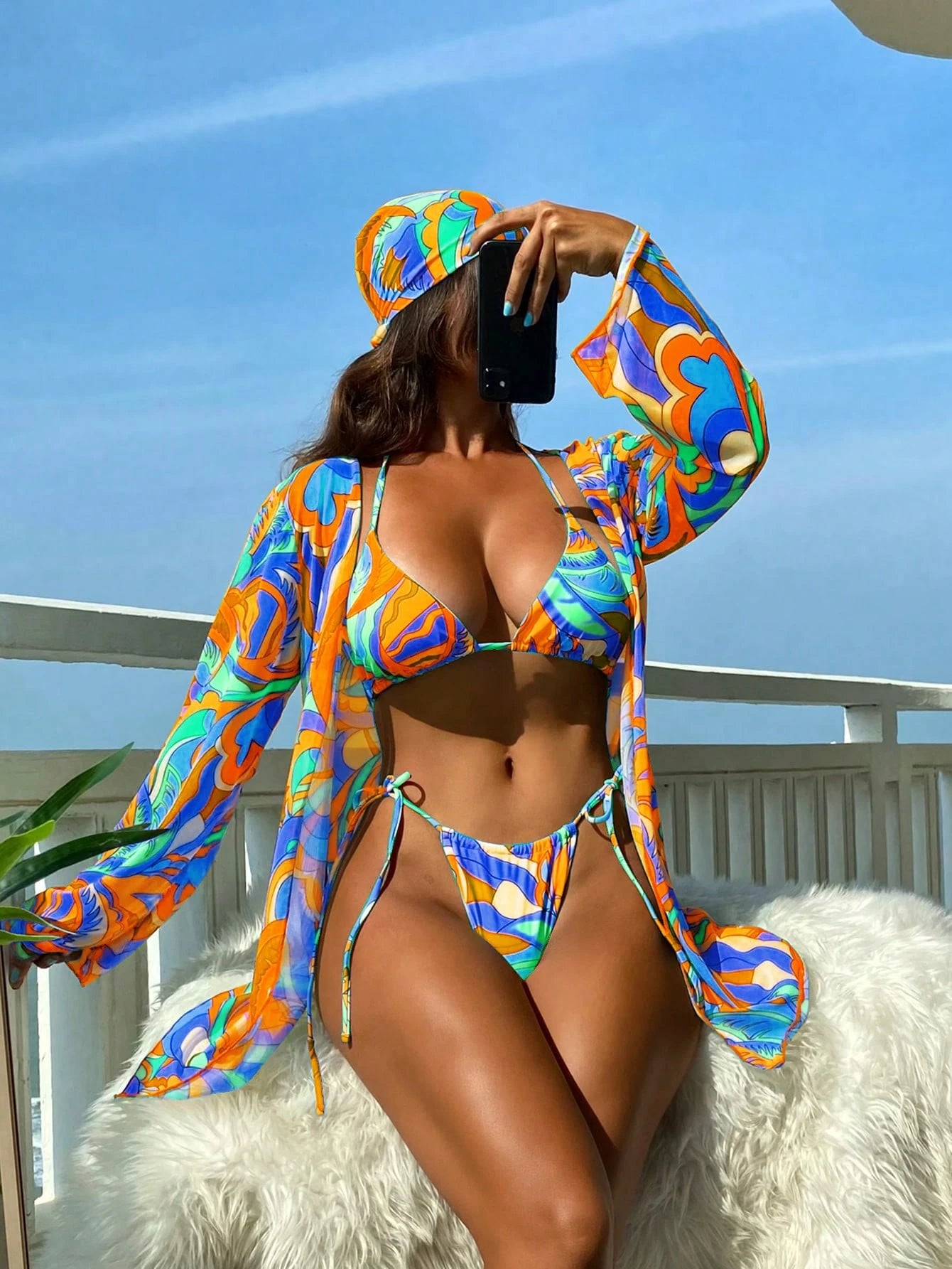 BamGleam Summer Beach Allover Print Halter Triangle Bikini Set With Kimono