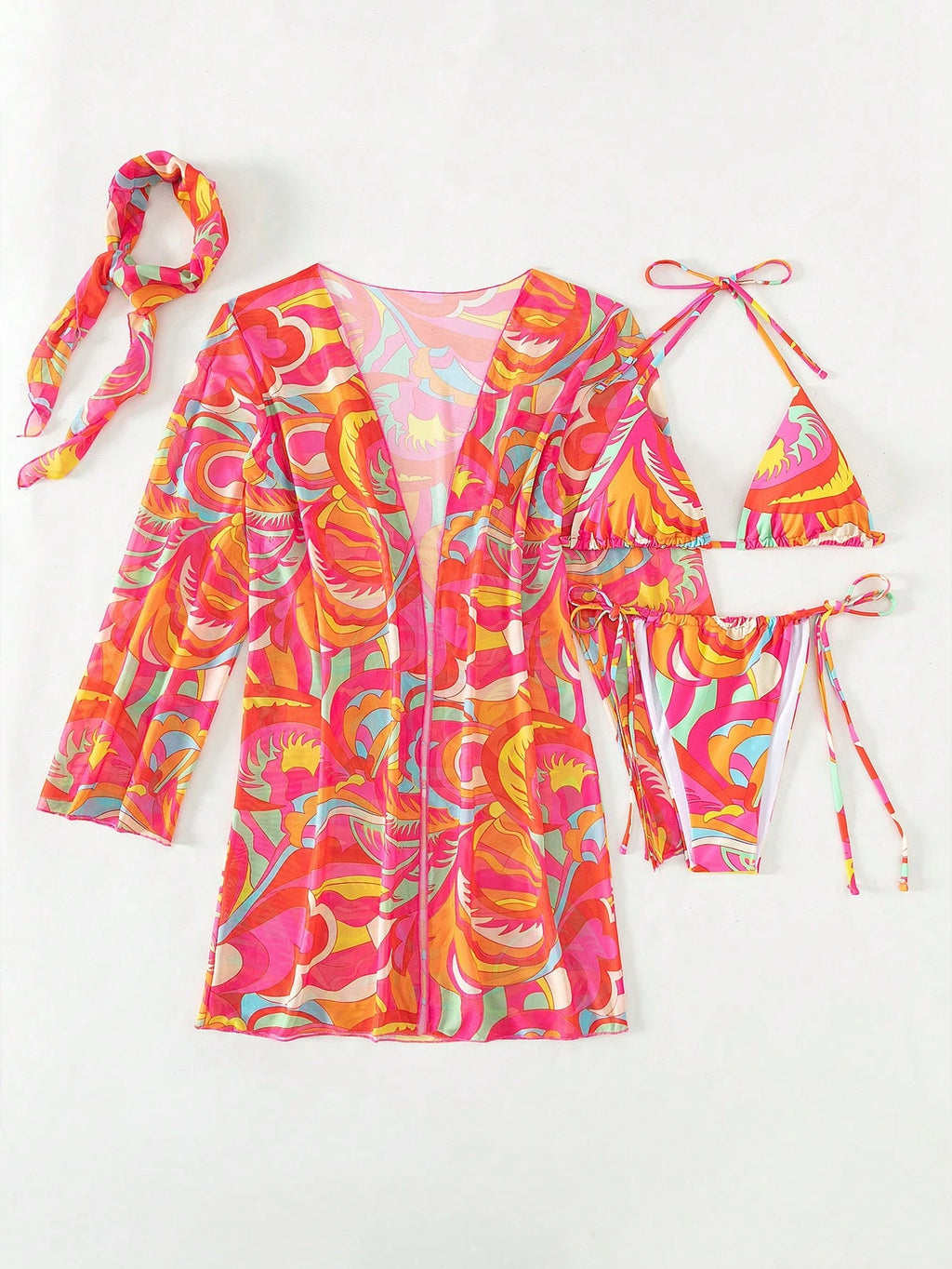 BamGleam Summer Beach Allover Print Halter Triangle Bikini Set With Kimono