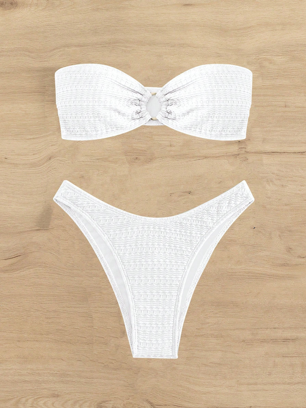 Swim Mod Solid Color Ring Decor Bandeau Bikini Swimsuit