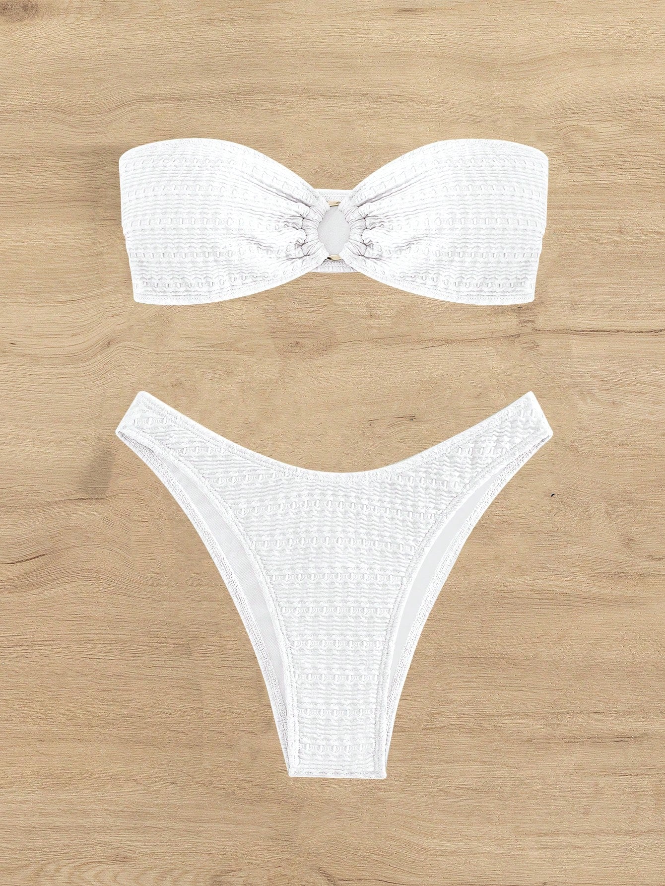 Swim Mod Solid Color Ring Decor Bandeau Bikini Swimsuit