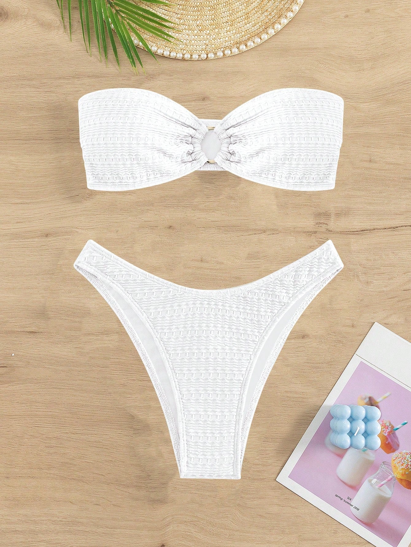 Swim Mod Solid Color Ring Decor Bandeau Bikini Swimsuit