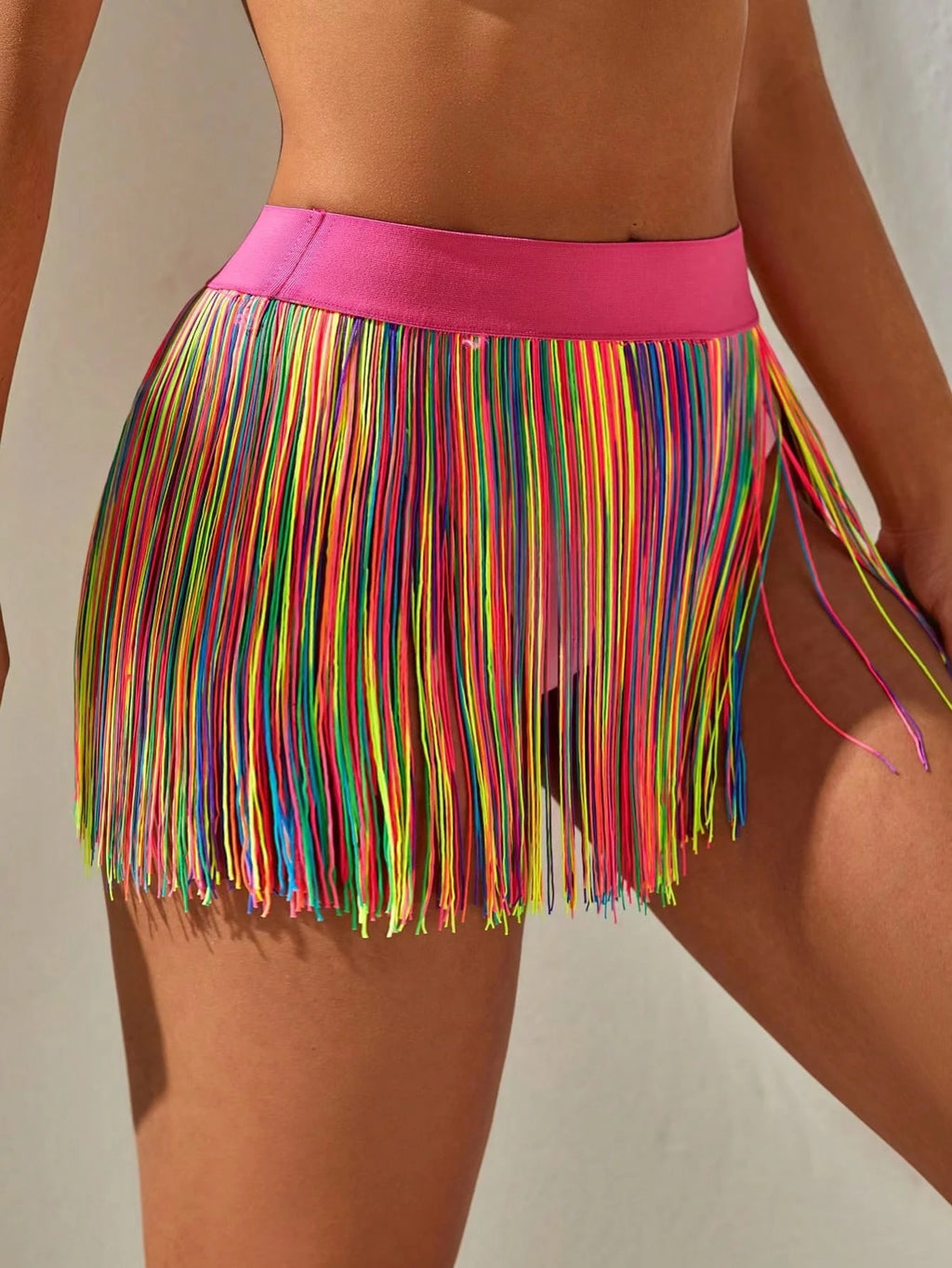 Swim Vcay Summer Beach Rainbow Striped Fringe Hem Cover Up Skirt - image 8