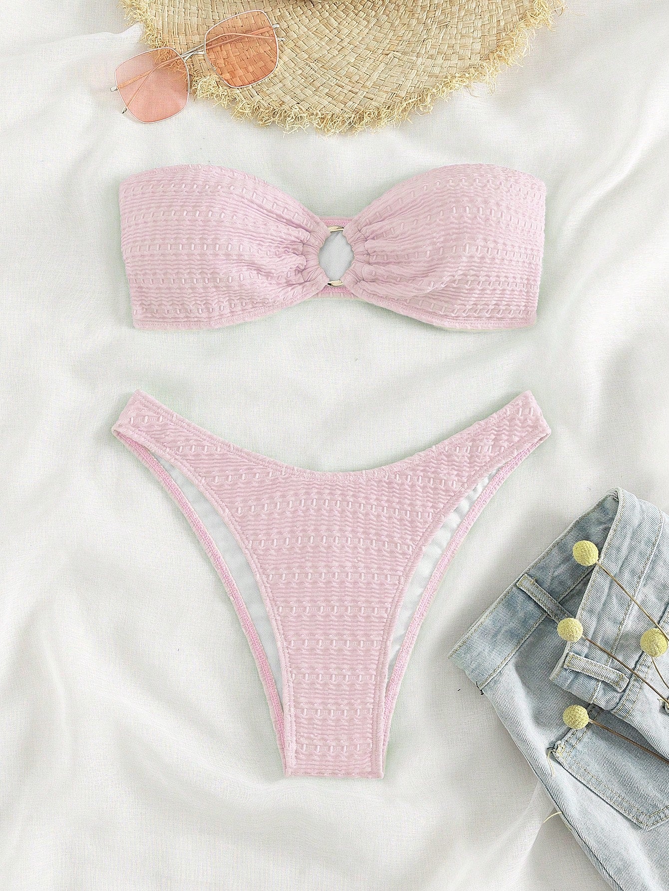 Swim Mod Solid Color Ring Decor Bandeau Bikini Swimsuit