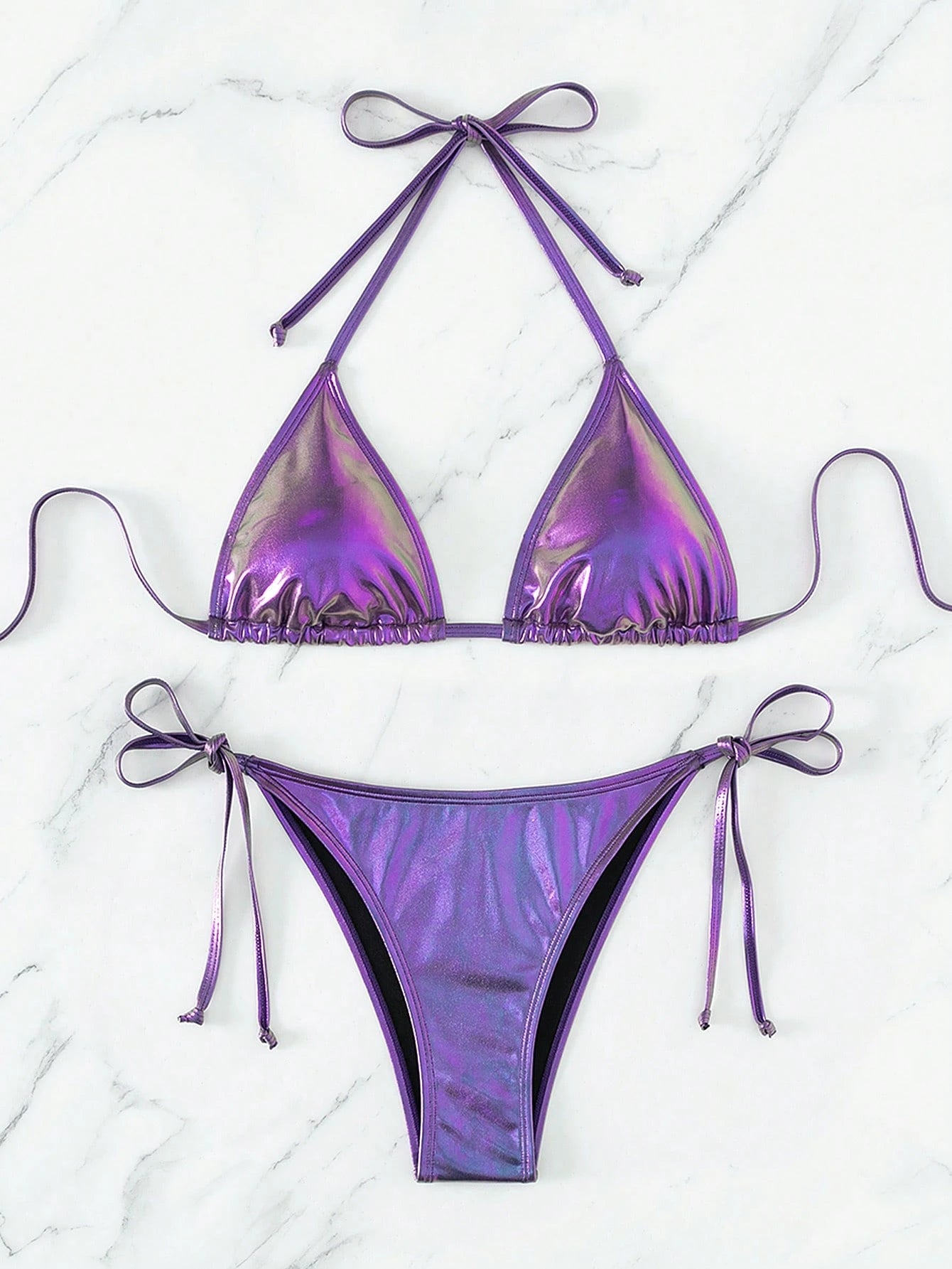 Swim Vcay Summer Beach Metallic Halter Triangle Tie Side Bikini Set